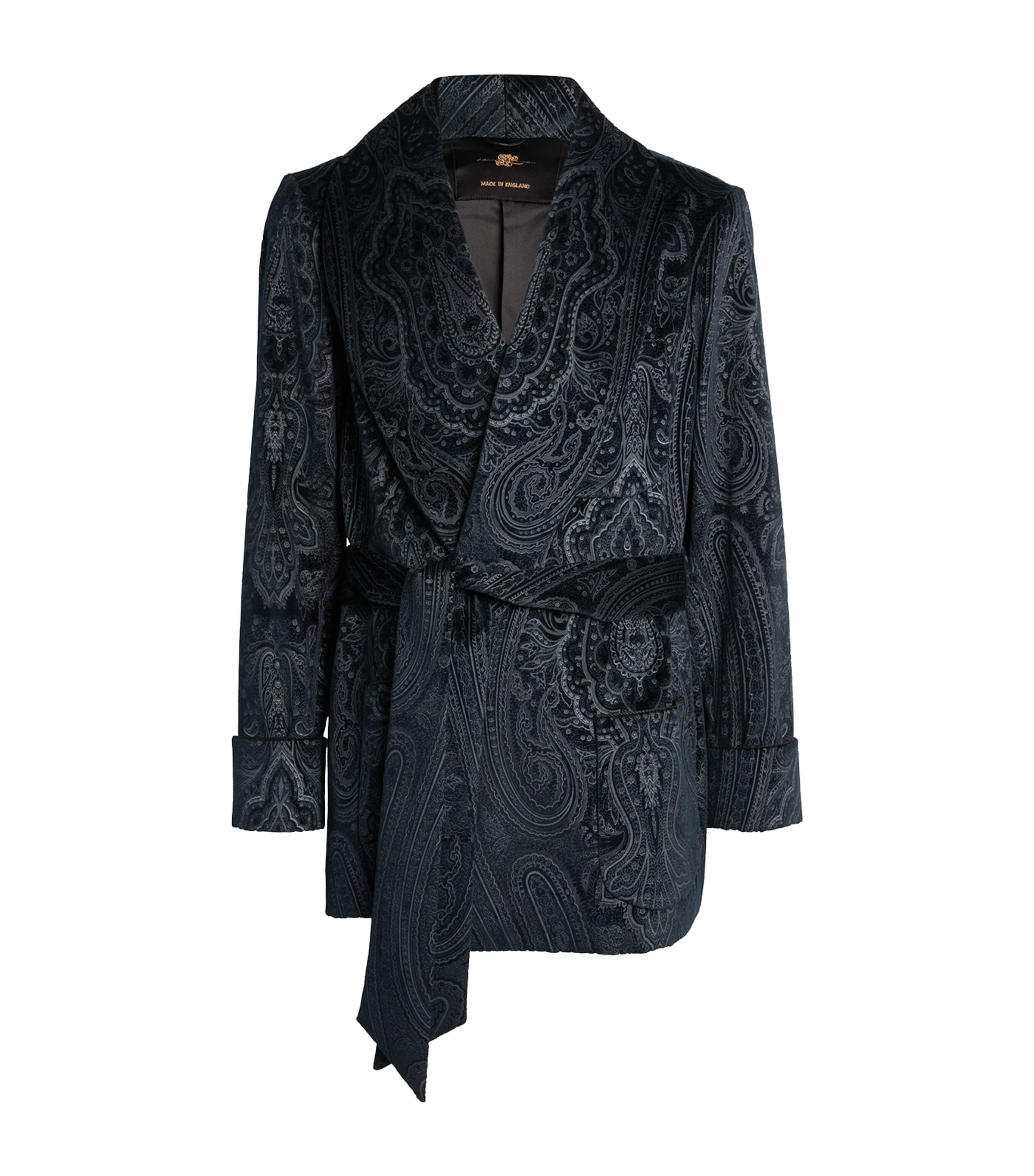 Daniel Hanson Mens Silk-Lined Paisley Smoking Jacket Navy