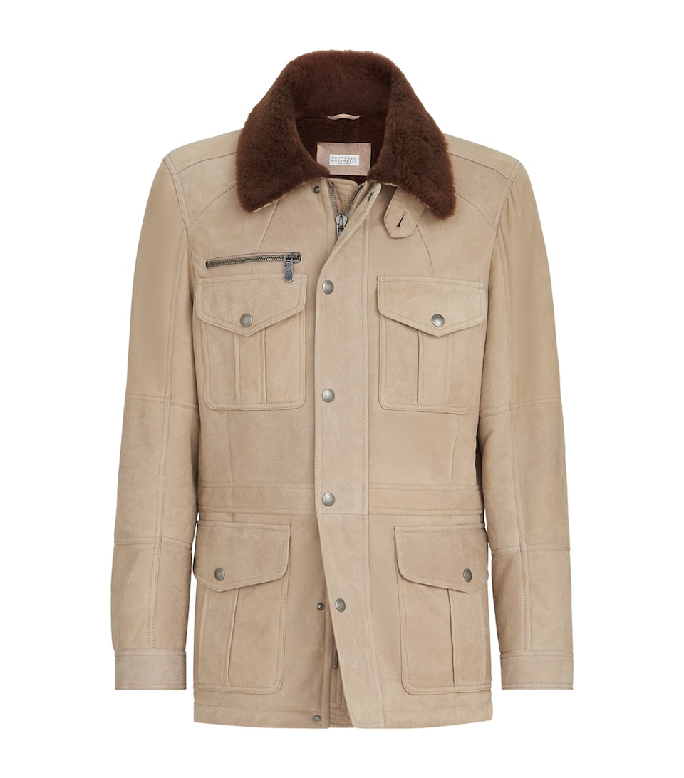 Brunello Cucinelli Mens Waxed Shearling Safari Jacket