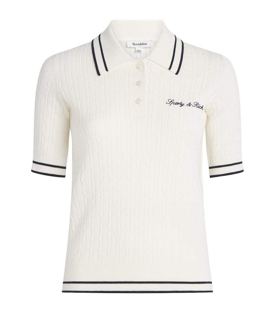 Sporty & Rich Womens Cable-Knit Signature Logo Polo Shirt Ecru/dark Navy