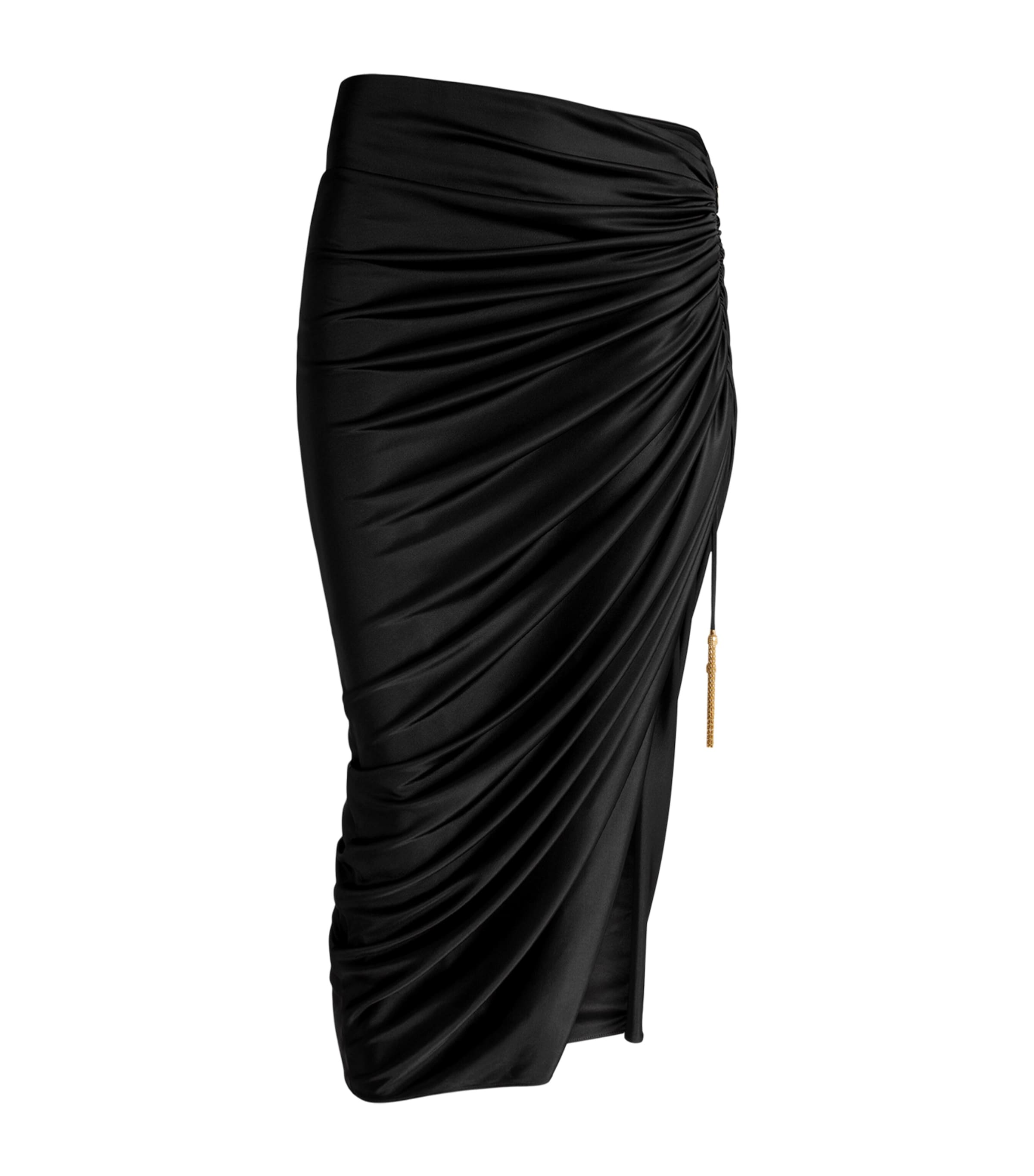 Balmain Womens Jersey Ruched Midi Skirt Noir