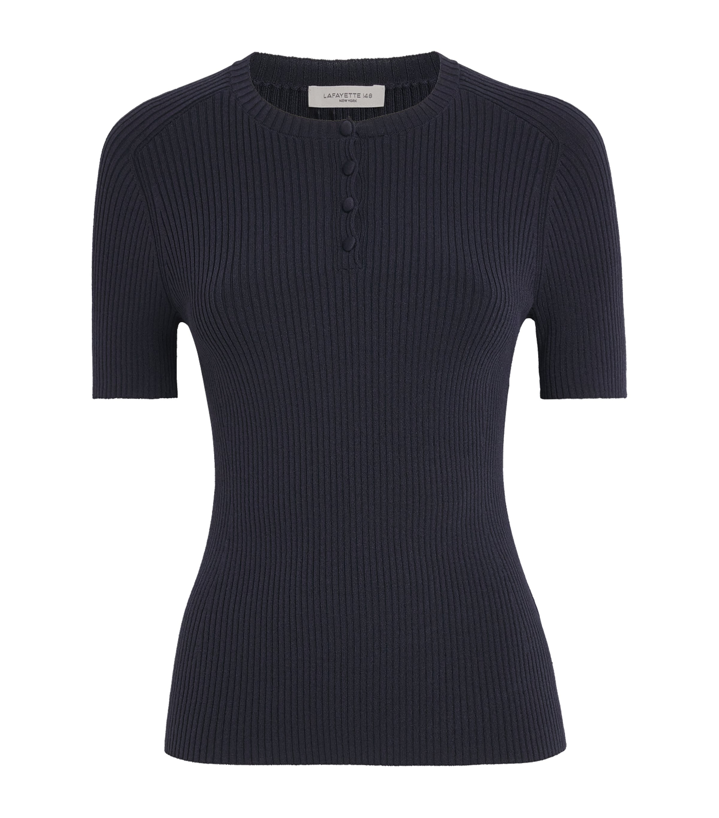 Lafayette 148 Womens Rib-Knit Henley Top Ink Ink