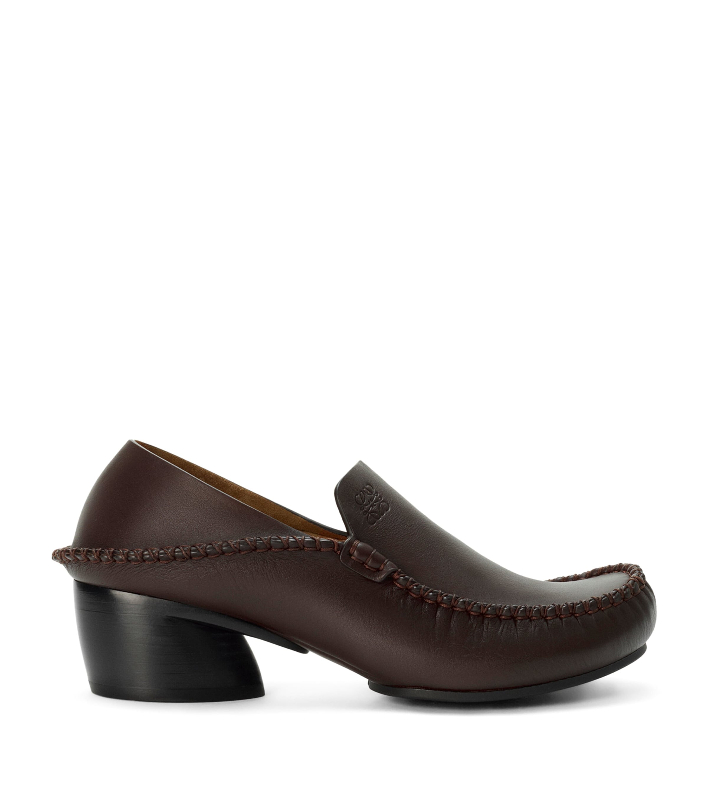 LOEWE Leather Oval Heeled Loafers 45 Dark Brown