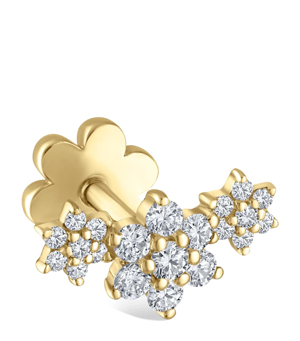 Yellow Gold Three Flower Garland Diamond Threaded Stud Earring