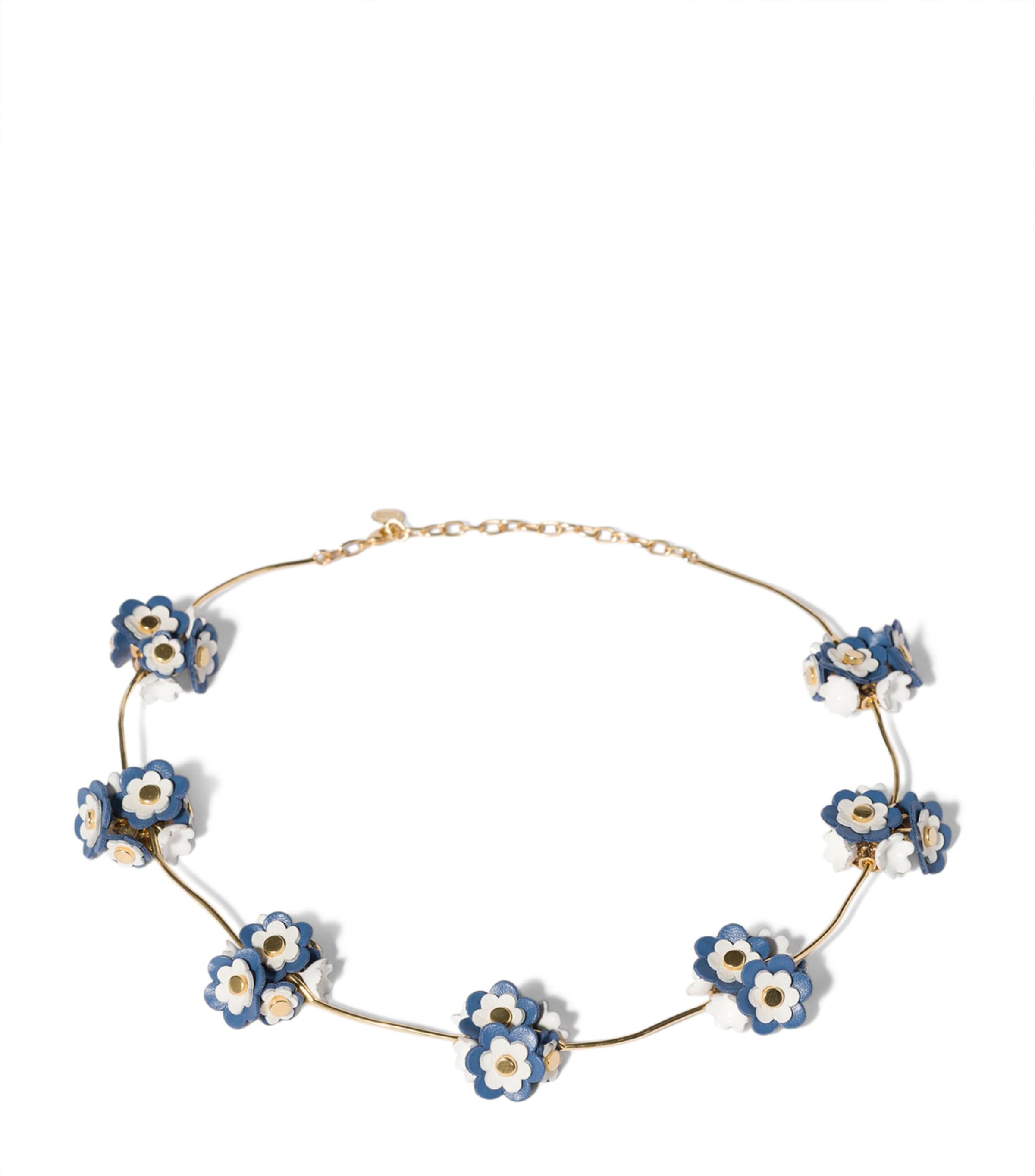 Miu Miu Leather-Trim Flower Necklace Blue