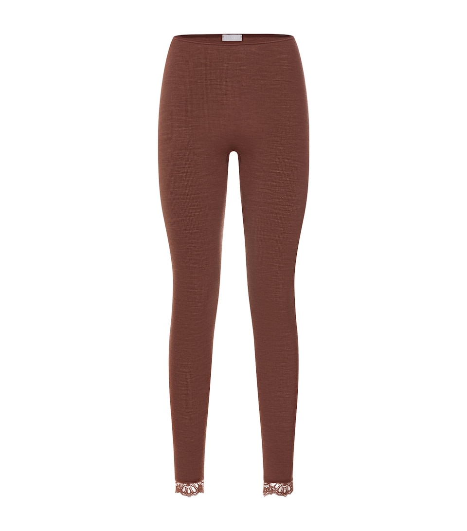 Hanro Womens Wool-Silk Lace-Hem Leggings Cinnamon