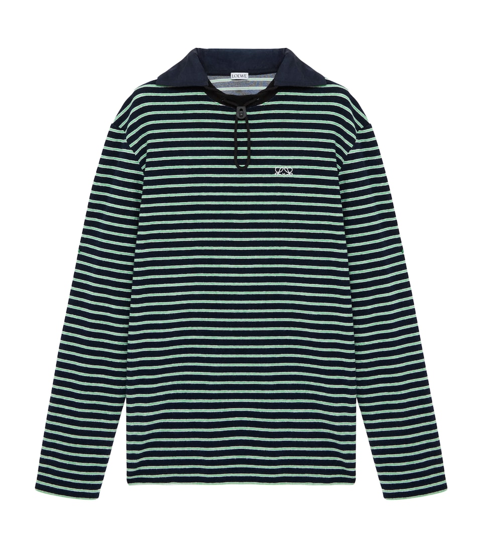 LOEWE Mens Stripe Toggle Polo Shirt Navy Blue/green