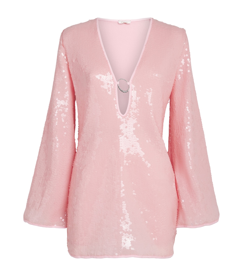 Oséree Womens Sequinned O-Ring Lumière Mini Kaftan Dress Bubble Pink