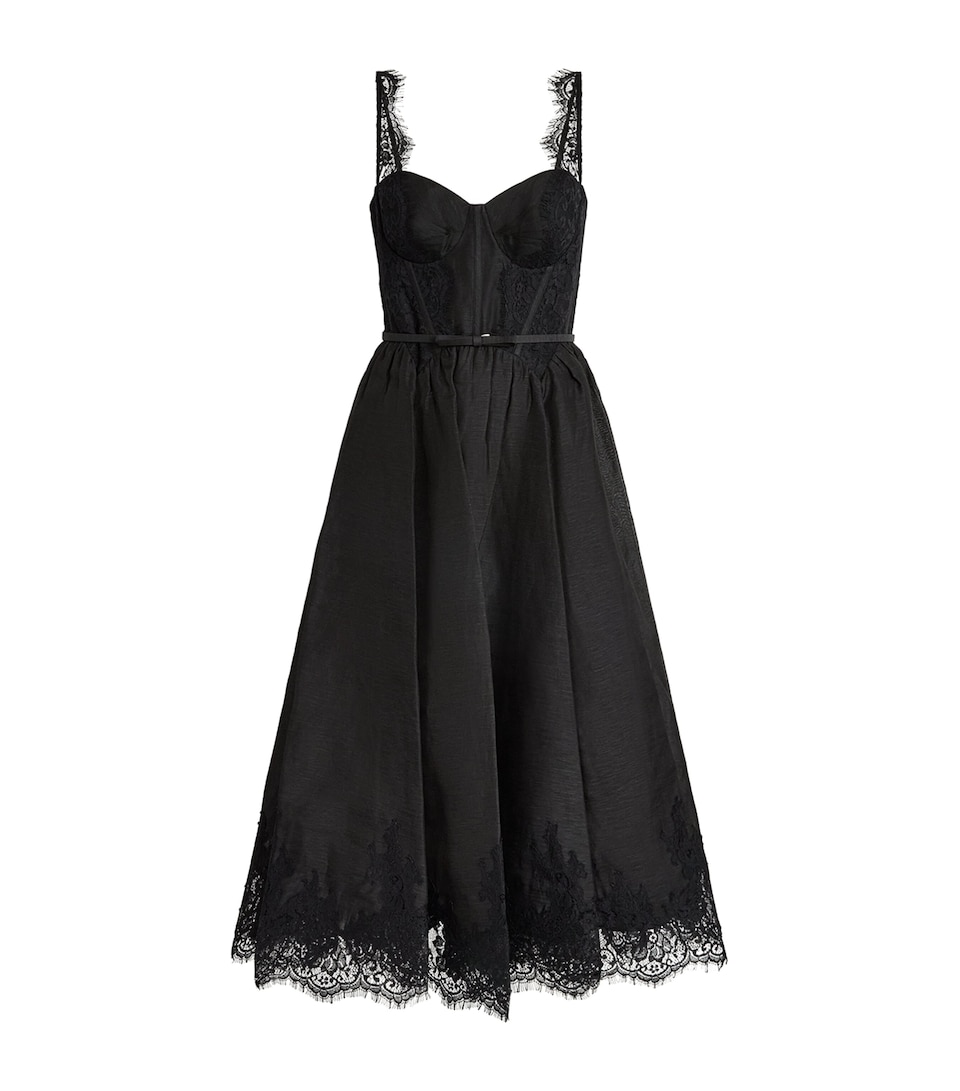 Zimmermann Womens Linen-Silk Lace-Trim Valiant Midi Dress Black