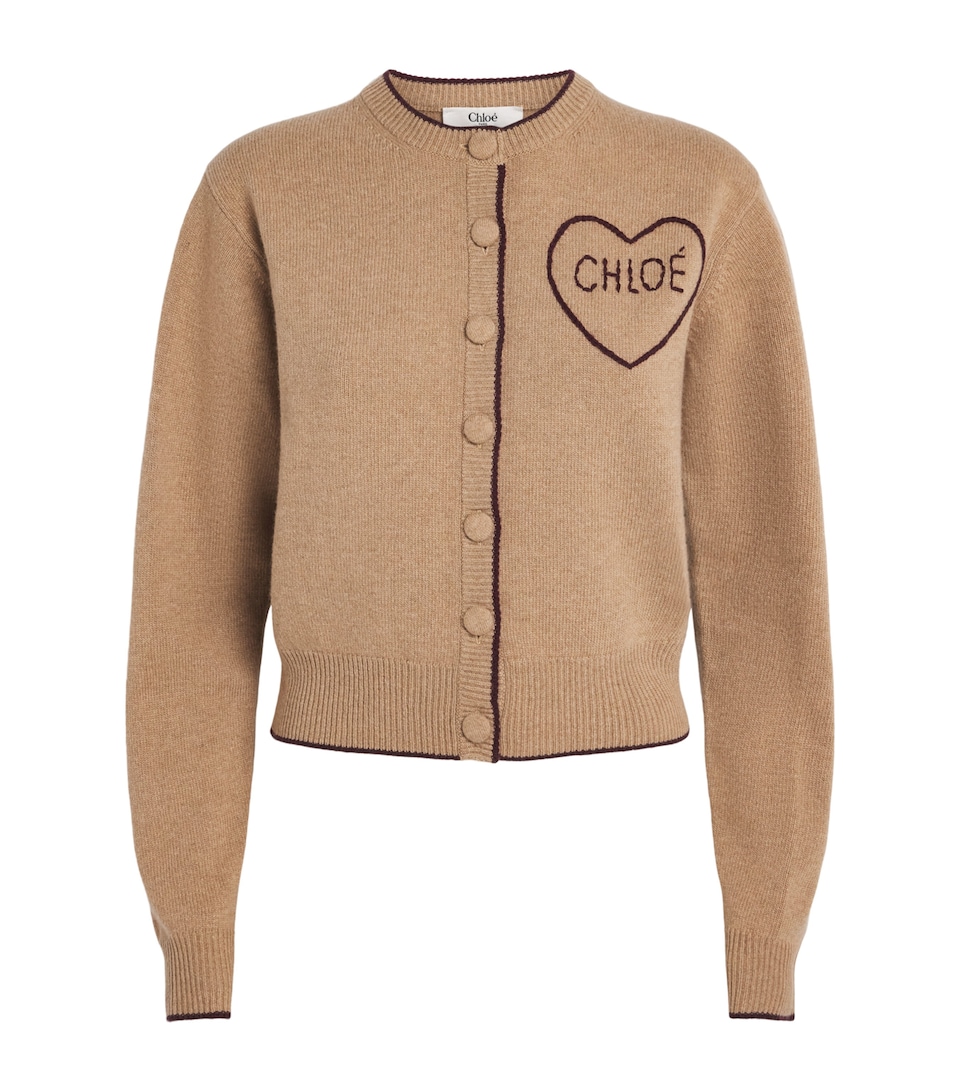 Chloé Womens Wool-Cashmere Heart Logo Cardigan Bleached Brown