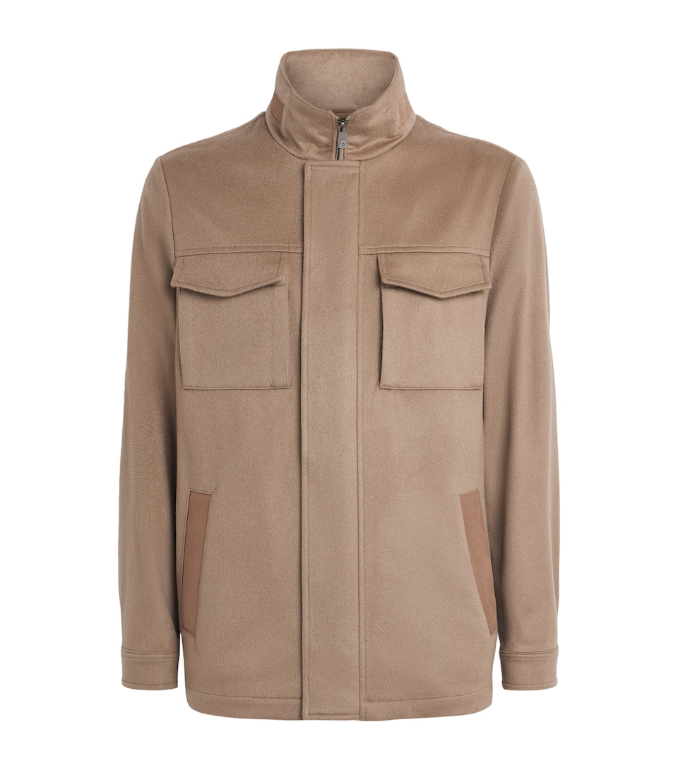 Corneliani Mens Cashmere Suede-Trimmed Shacket Natural / Beige