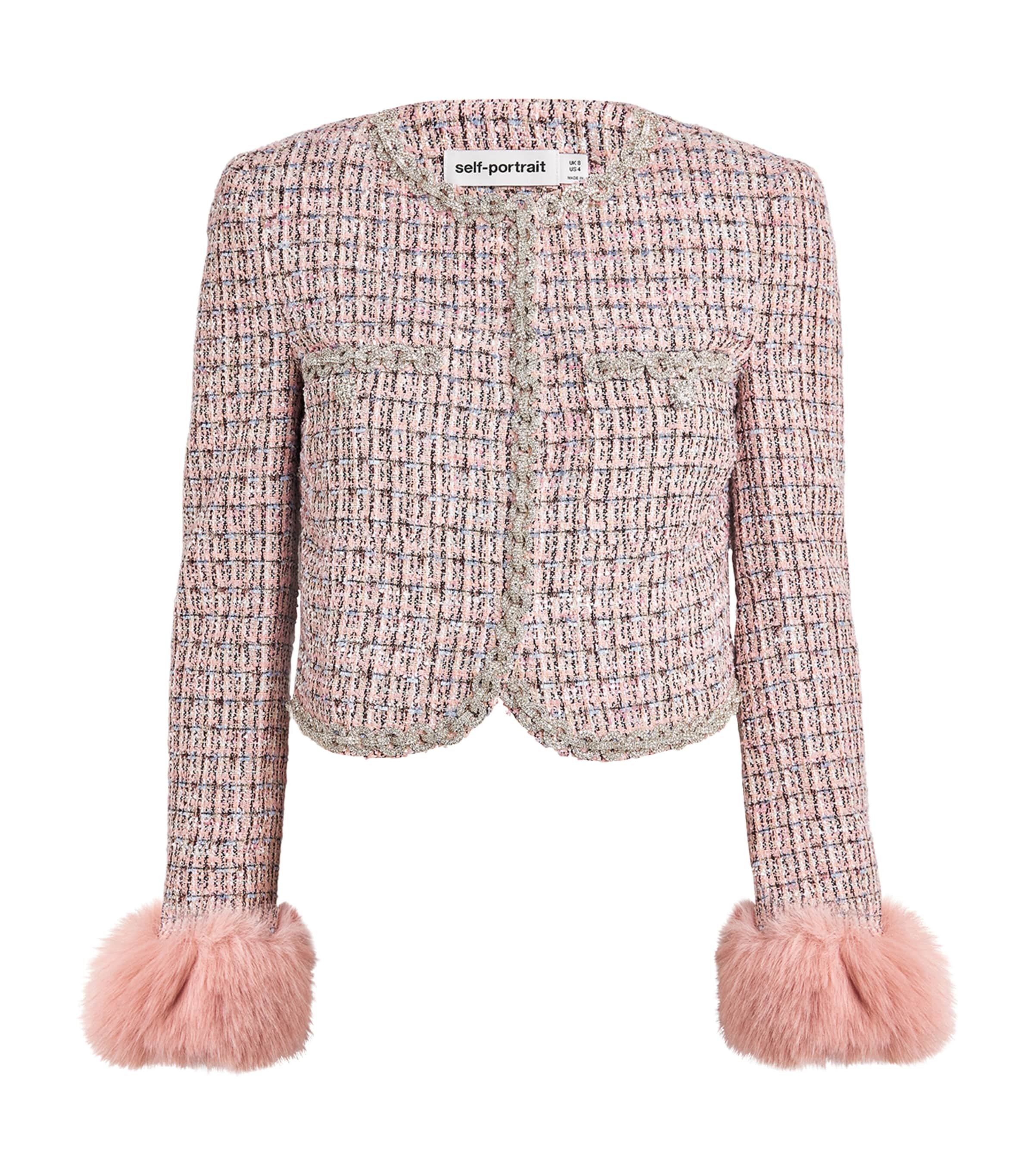 Self-Portrait Womens Bouclé Fur-Trim Jacket Pink