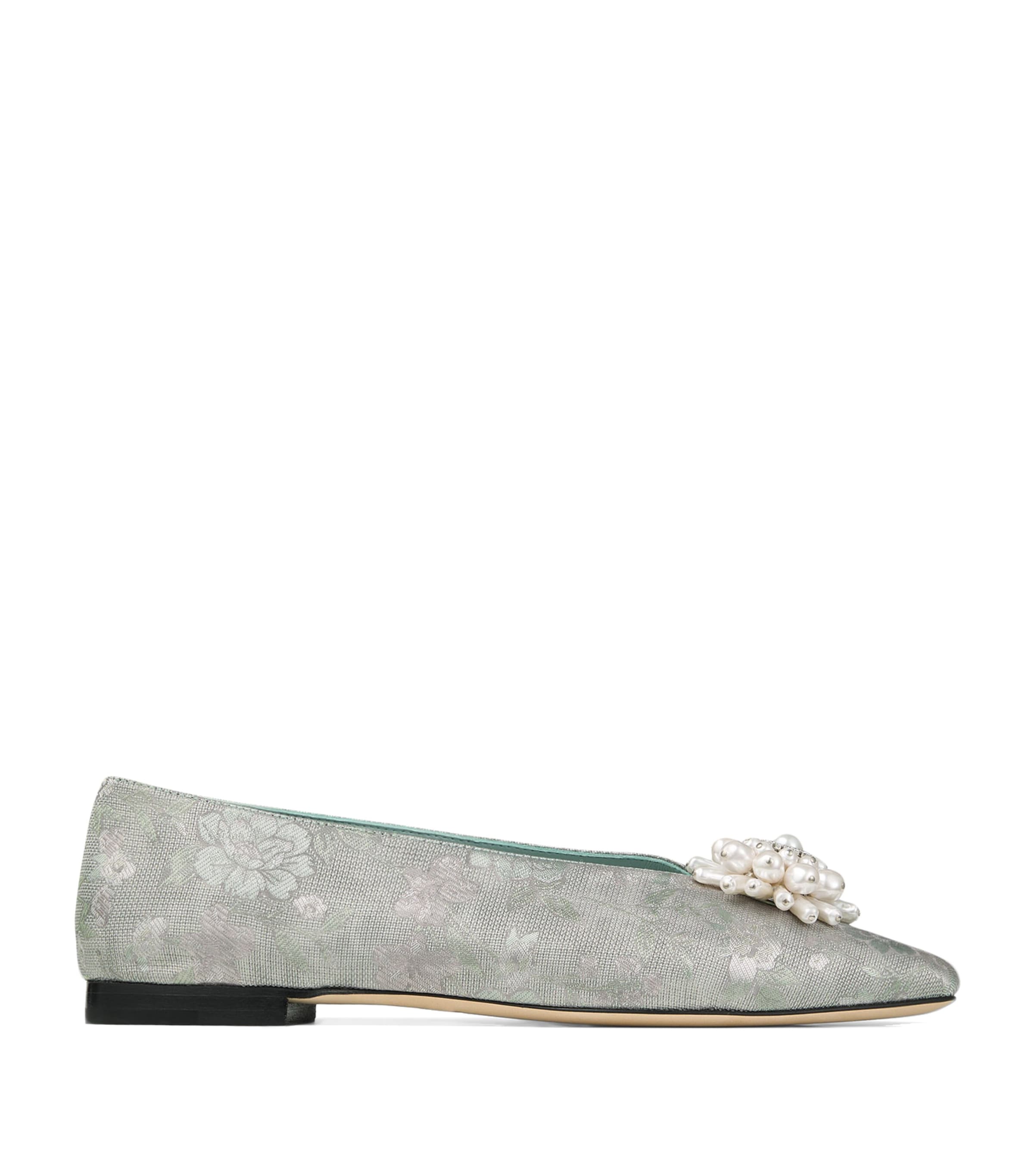 Jimmy Choo Ines Brocade Pearl-Embellished Flats Light Verde/pearl/cr
