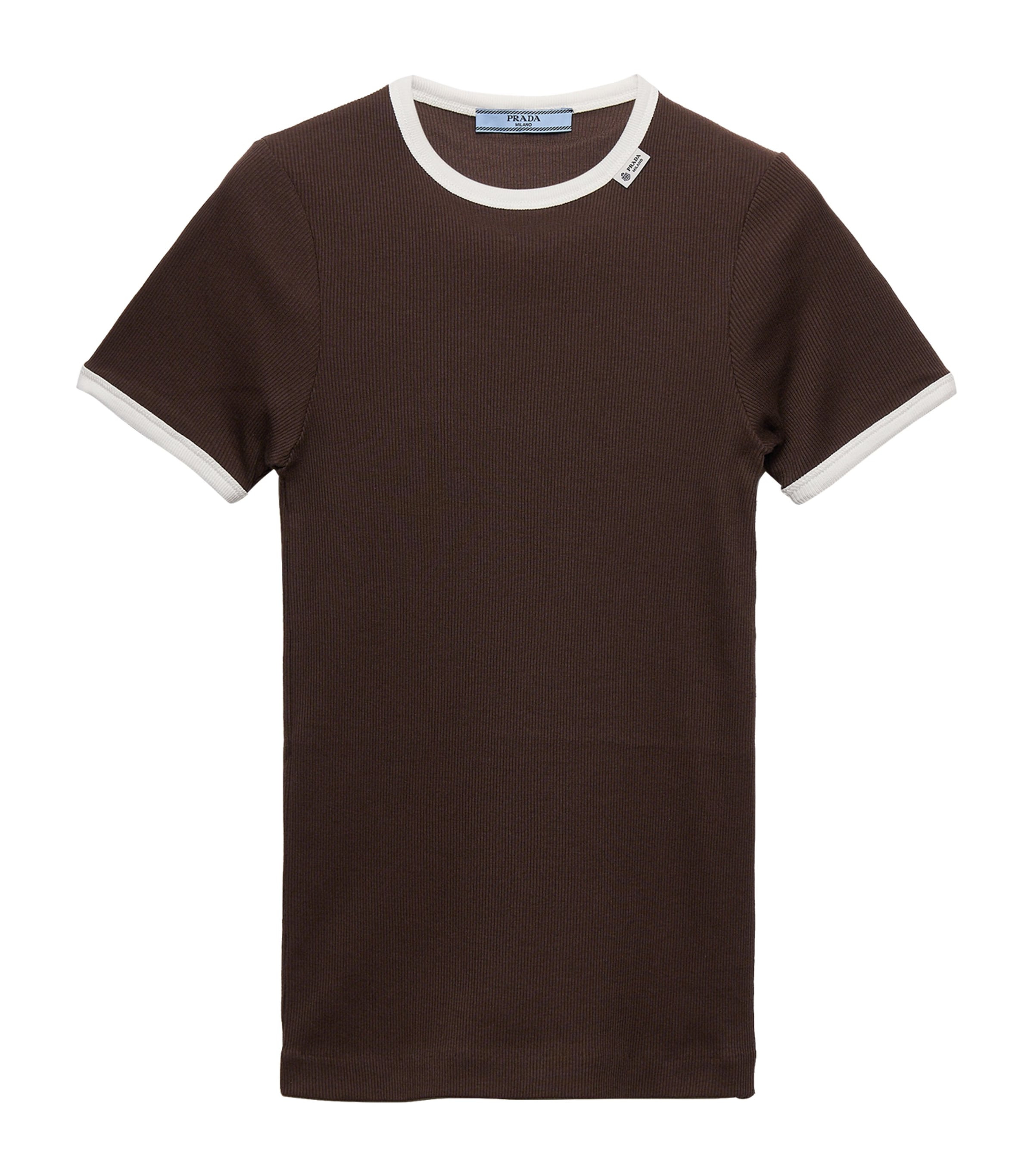 Prada Womens Contrast-Trim Ribbed T-Shirt Brown