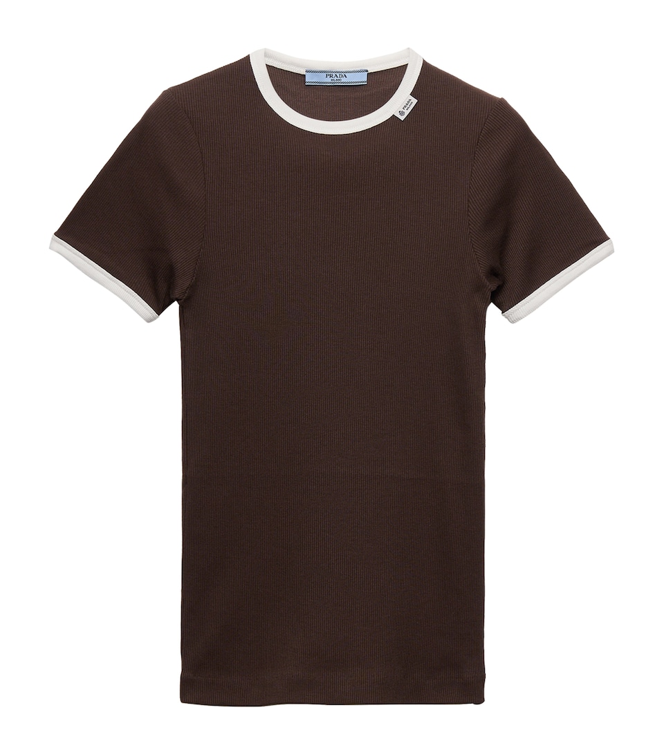 Prada Womens Contrast-Trim Ribbed T-Shirt Brown