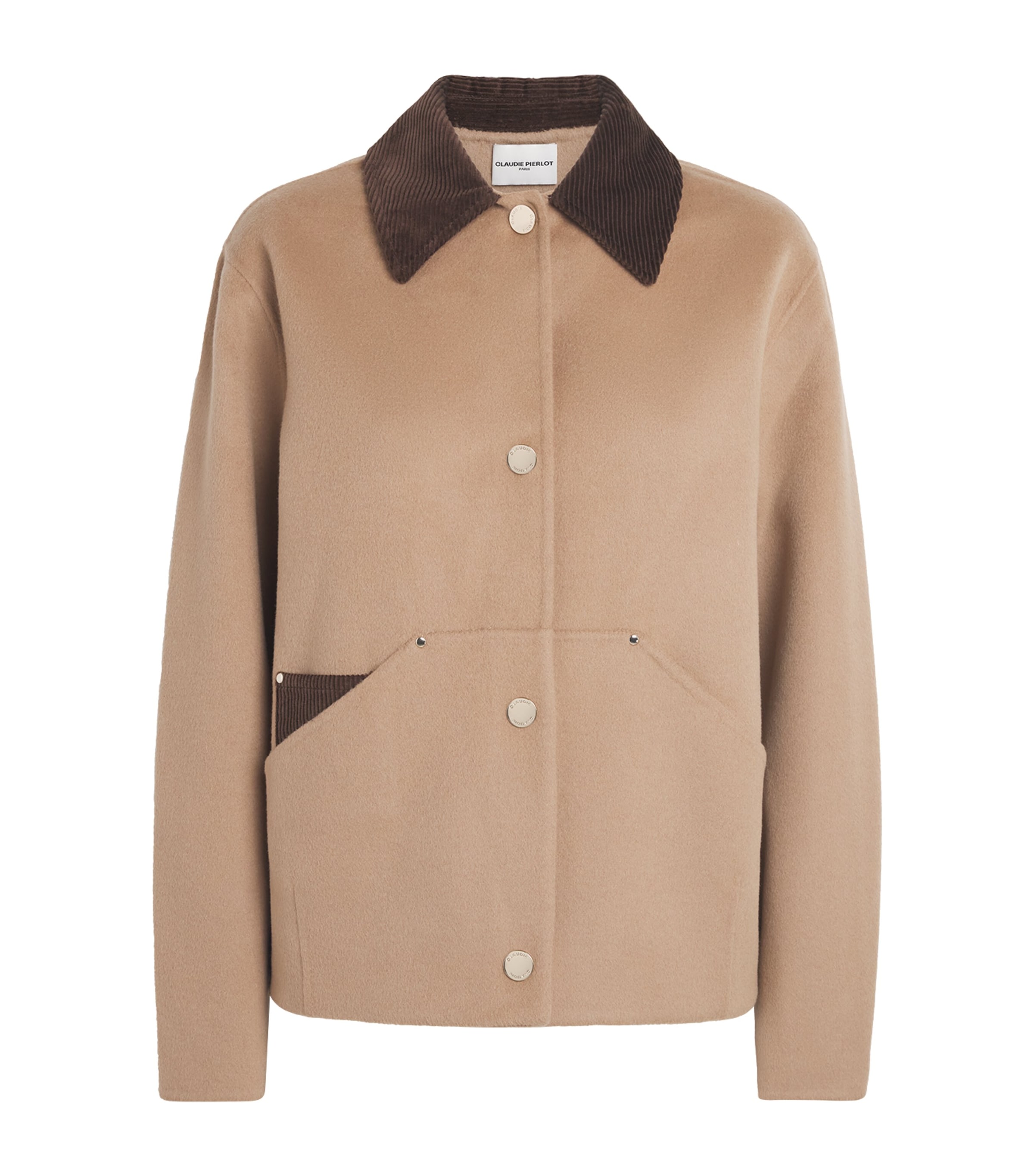 Claudie Pierlot Womens Wool-Blend Corduroy-Trim Coat Beige