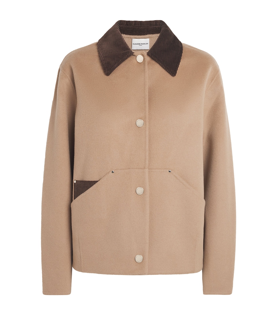 Claudie Pierlot Womens Wool-Blend Corduroy-Trim Coat Beige
