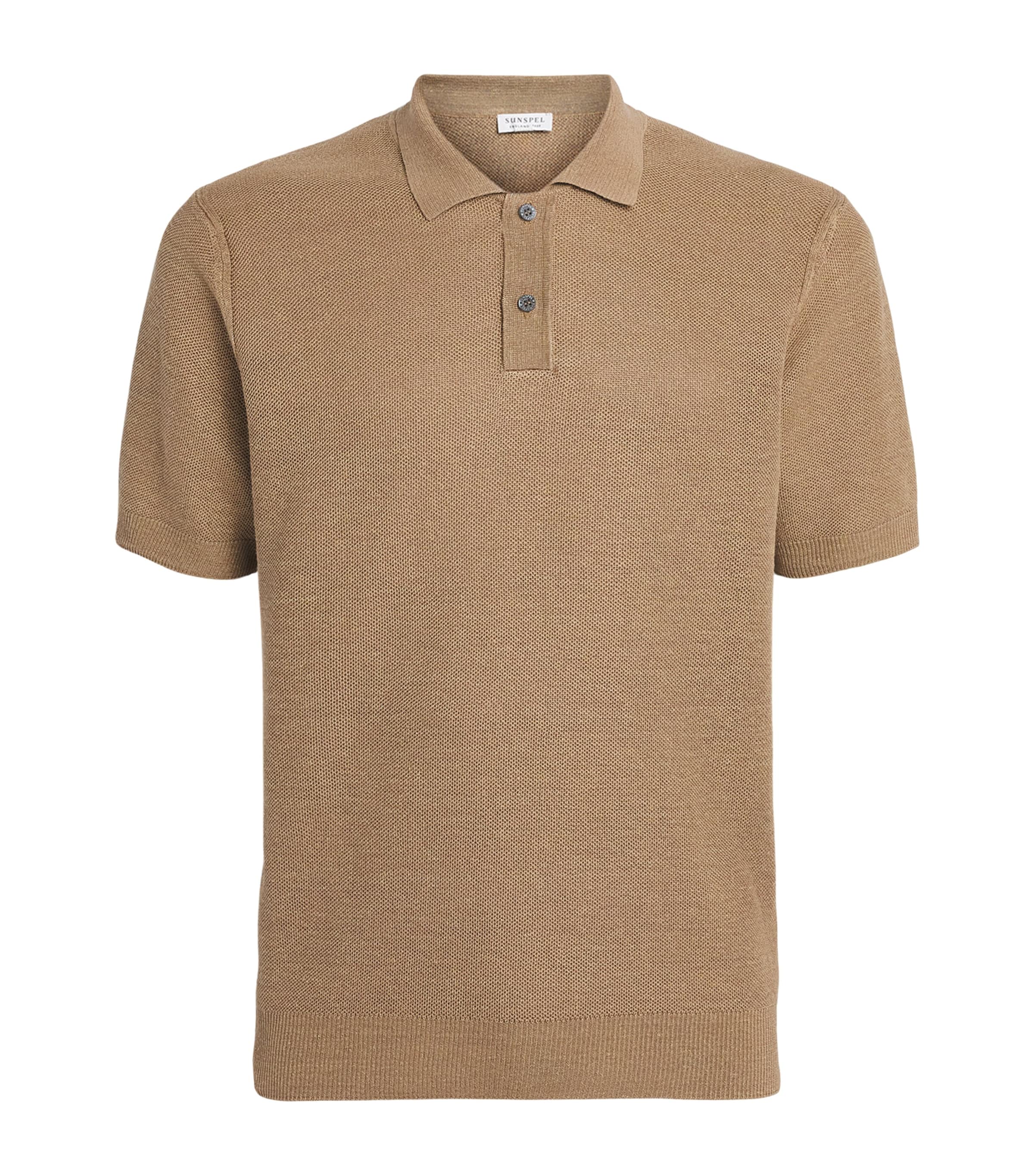 Sunspel Mens Linen-Silk Honeycomb Polo shirt Brgt Hazelwood