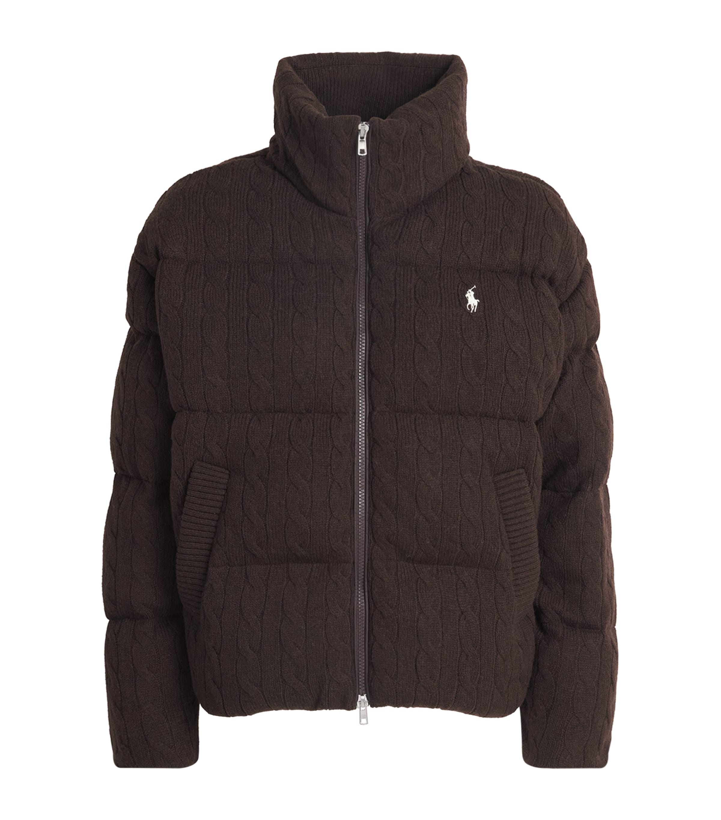 Polo Ralph Lauren Womens Wool-Cashmere Cable-Knit Puffer Jacket Walnut Brown Melange