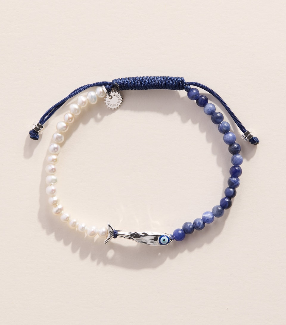 Tateossian Sodalite and Freshwater Pearl Feng Shui Fish Bracelet Blue