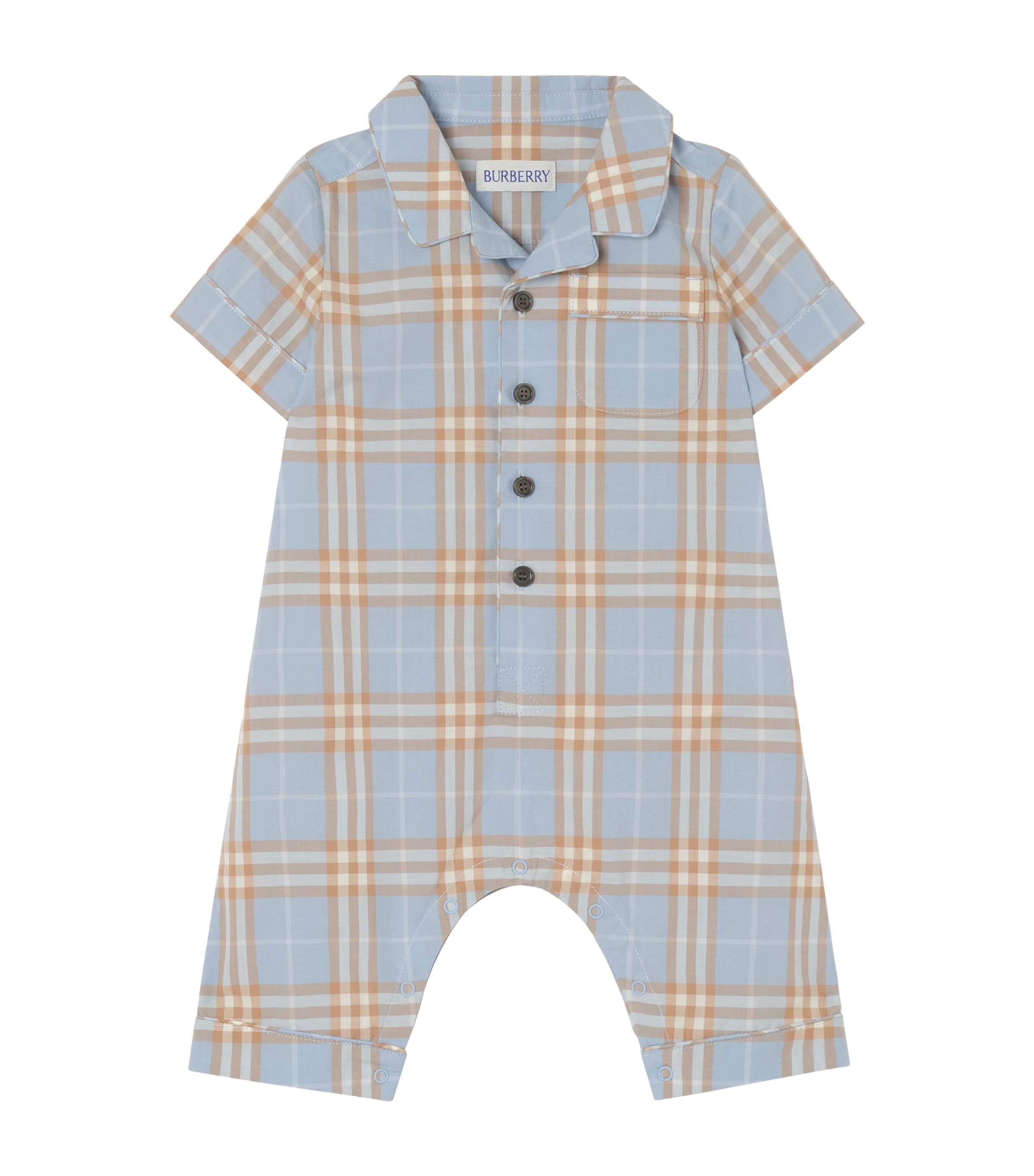 Burberry Kids Cotton Check Playsuit (1-18 Months) Dusty Blue Ip Chk