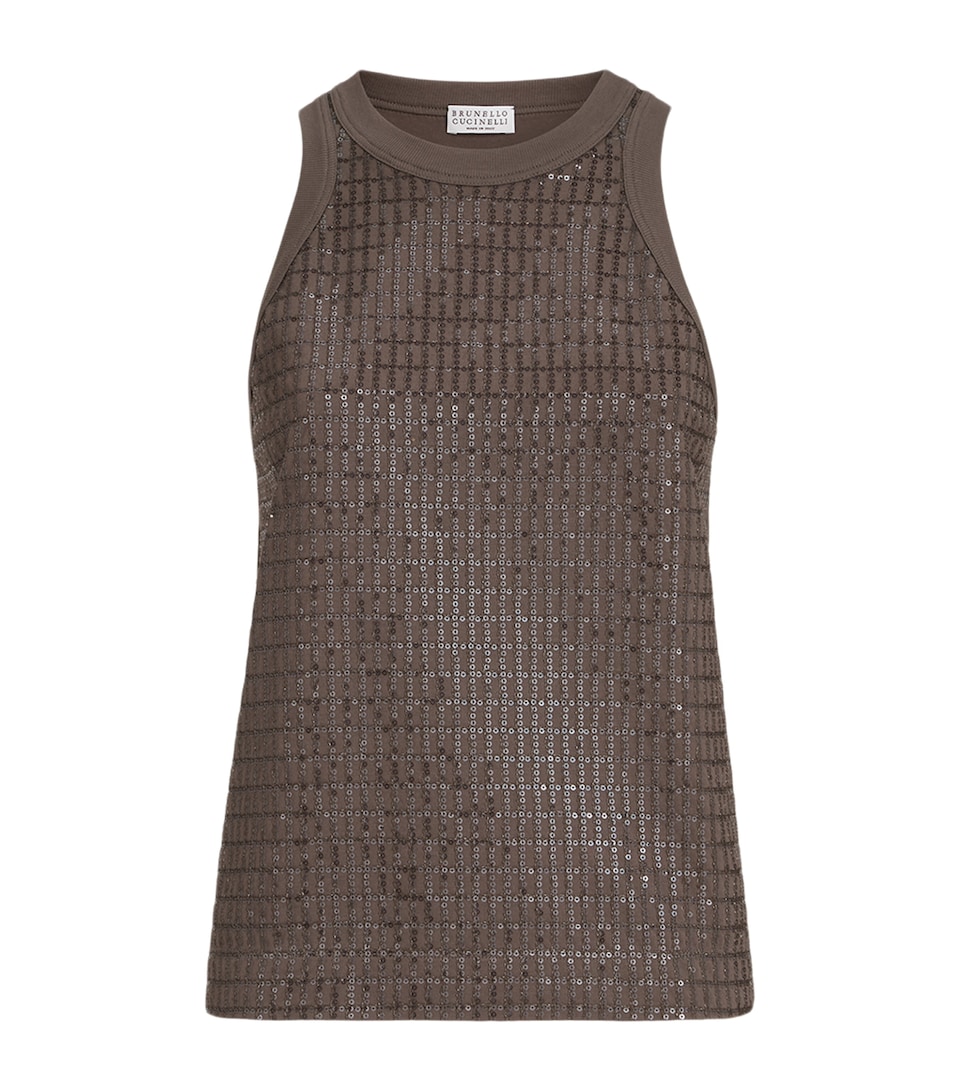 Stretch-Cotton Sequin-Embellished Tank Top