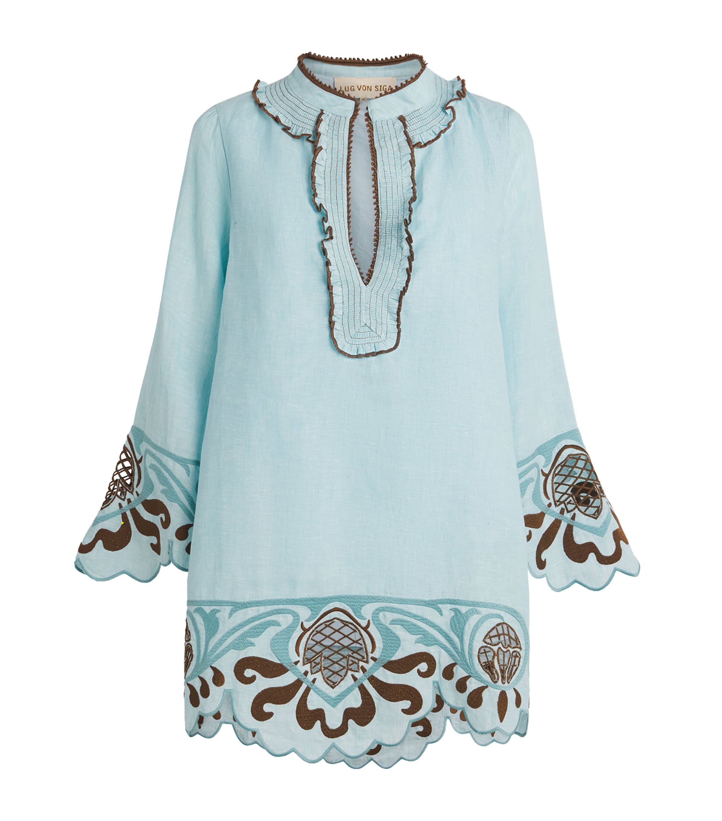LUG VON SIGA Womens Linen Embroidered Tess Mini Dress Turquoise