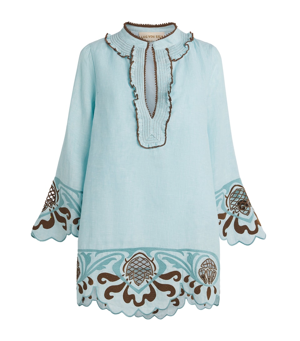 LUG VON SIGA Womens Linen Embroidered Tess Mini Dress Turquoise