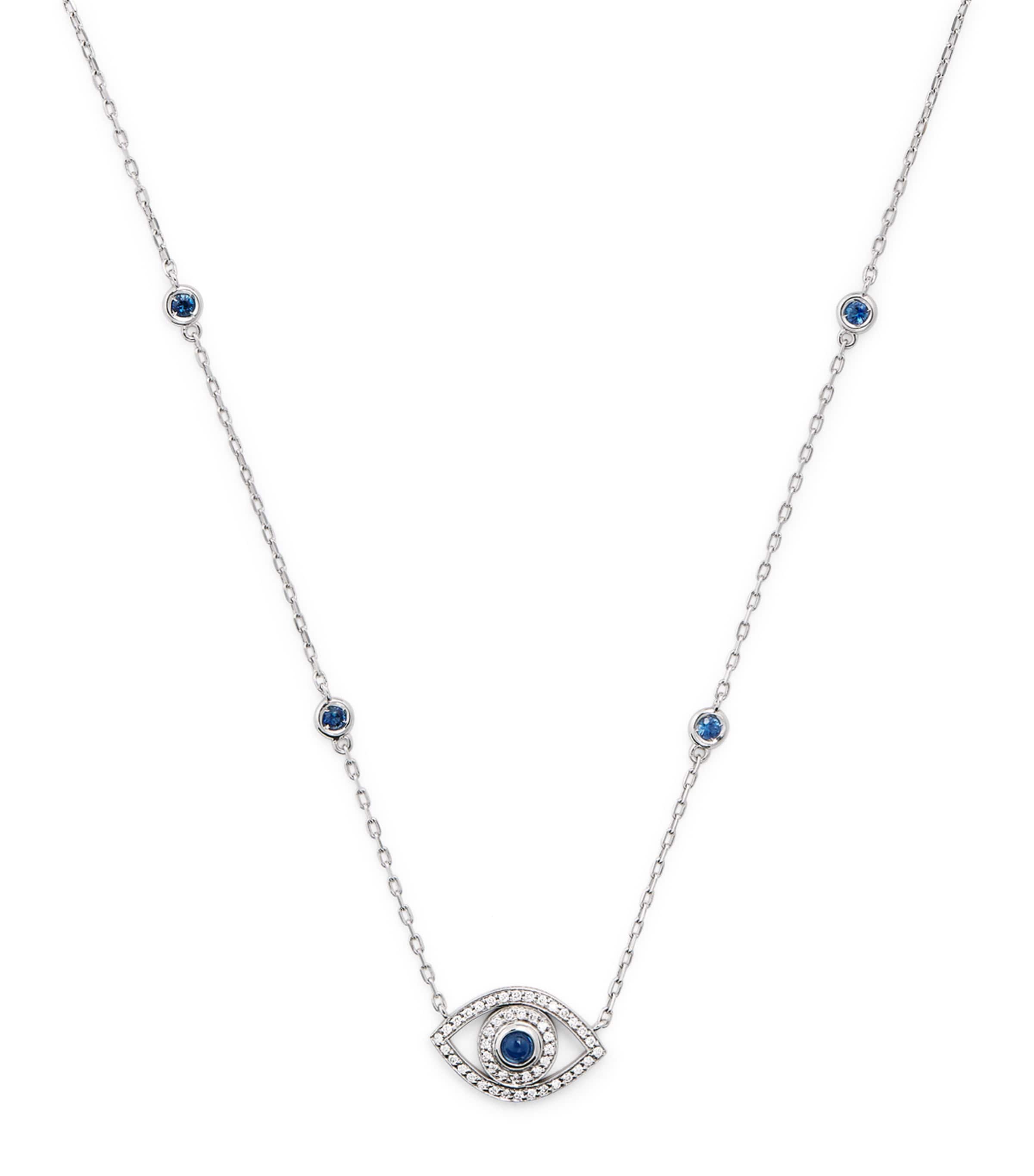 White Gold, Diamond and Sapphire Mini Evil Eye Necklace