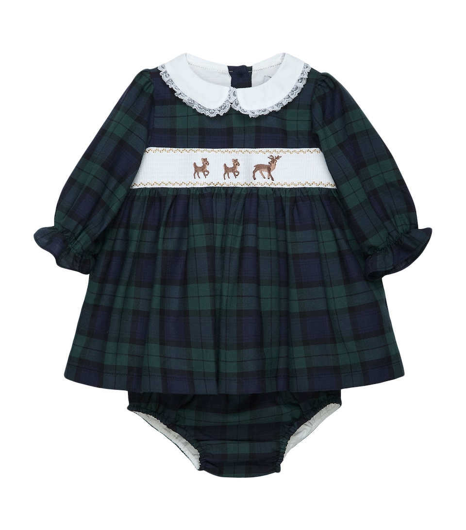 Trotters Cotton Tartan Embroidered Dress and Bloomers (0-9 Months) Navy