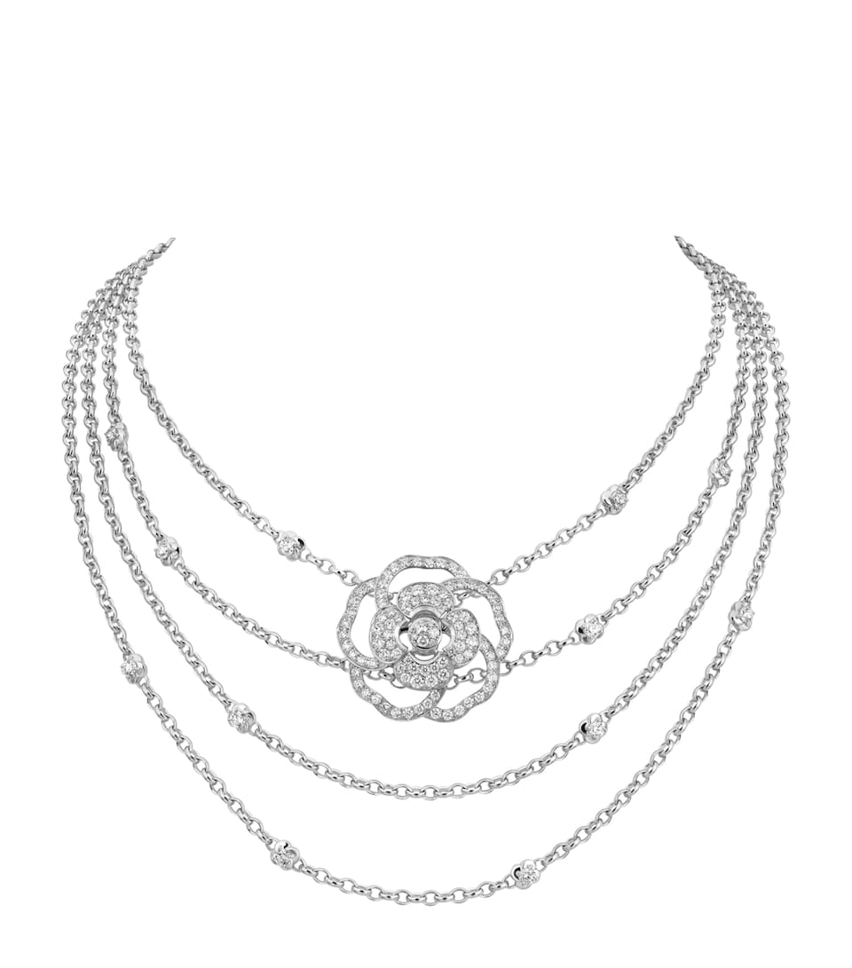 CHANEL White Gold and Diamond Camélia Bloom Plastron Necklace White Gold