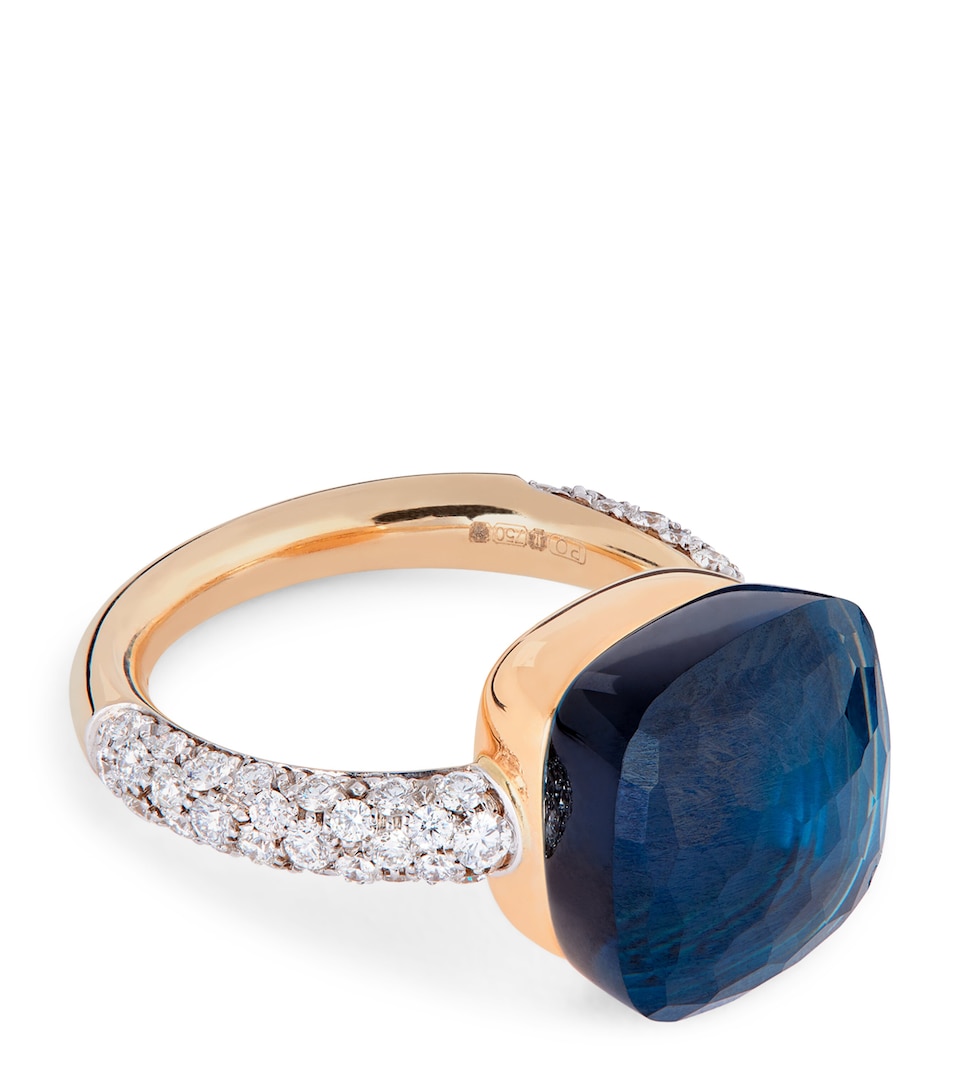 White Gold, Diamond and London Blue Topaz Nudo Ring
