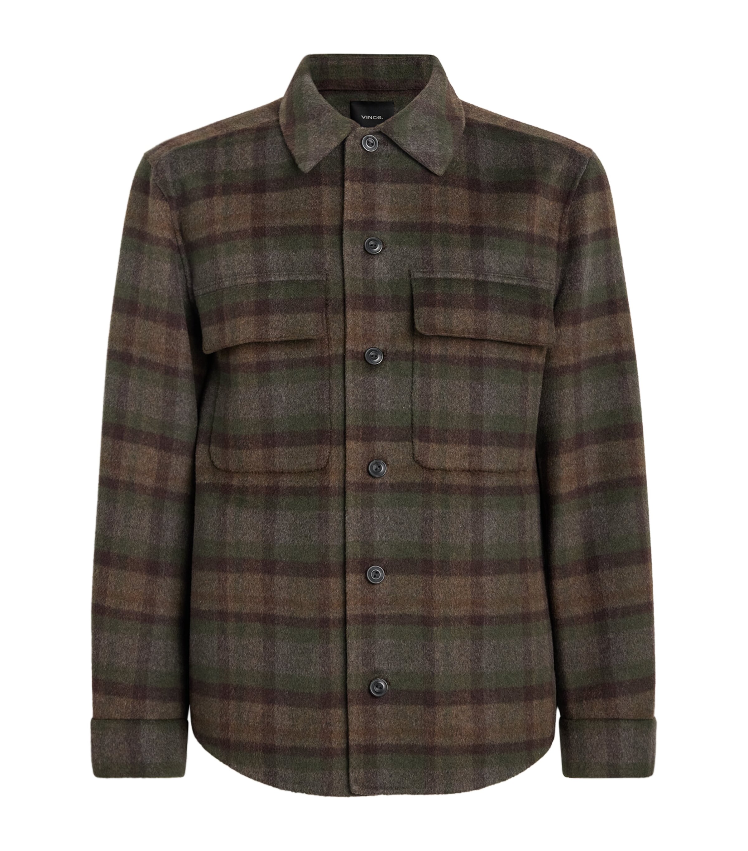 Vince Mens Wool-Blend Plaid Check Overshirt Night Leaf Combo