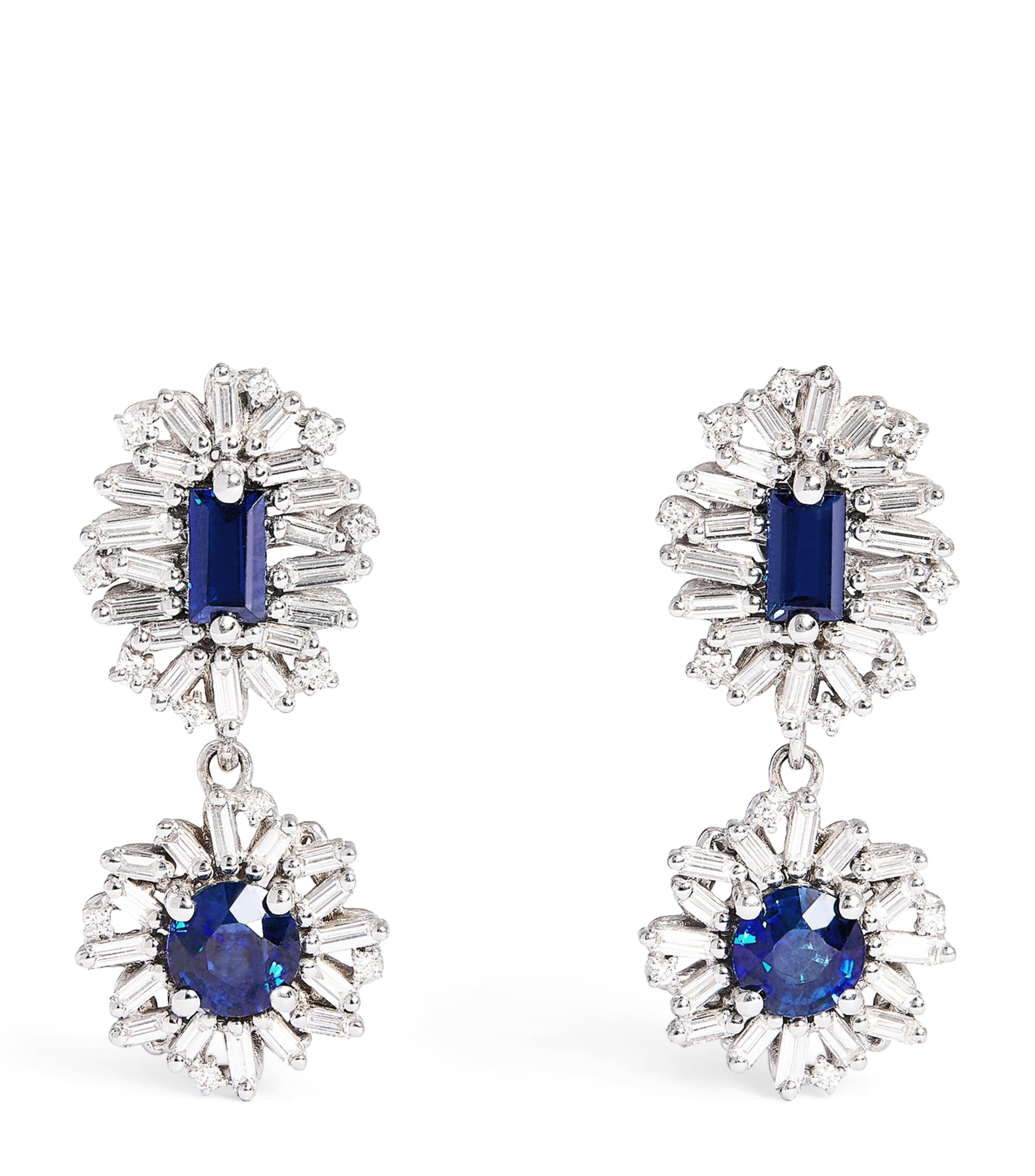 White Gold, Diamond and Sapphire One of a Kind Drop Earrings