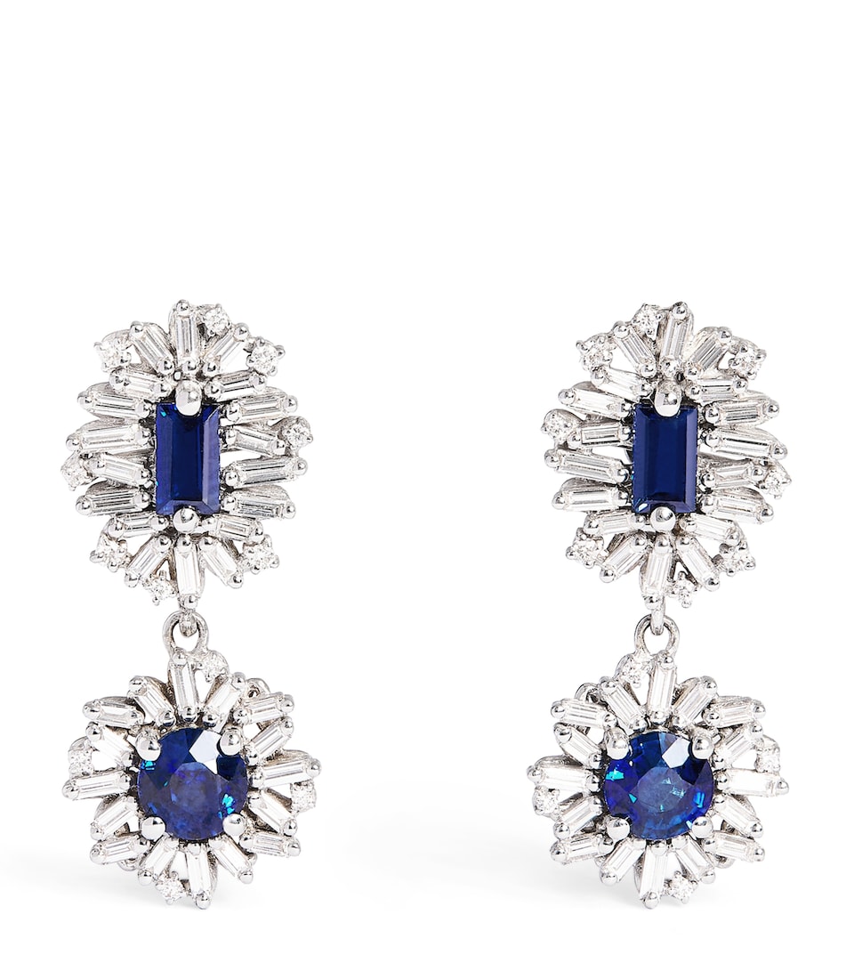 White Gold, Diamond and Sapphire One of a Kind Drop Earrings