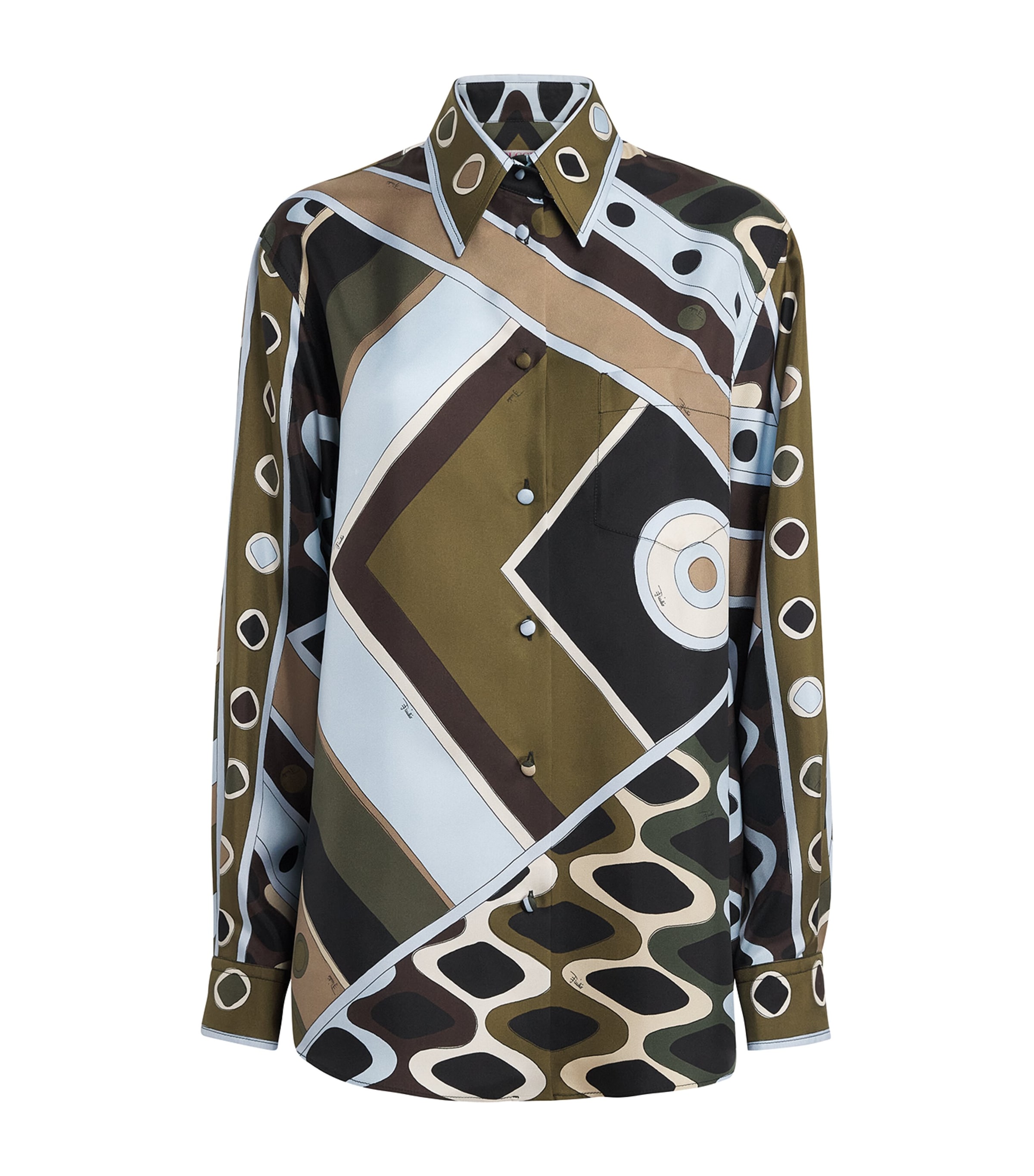 PUCCI Womens Silk Oversized Printed Shirt Khaki Blue