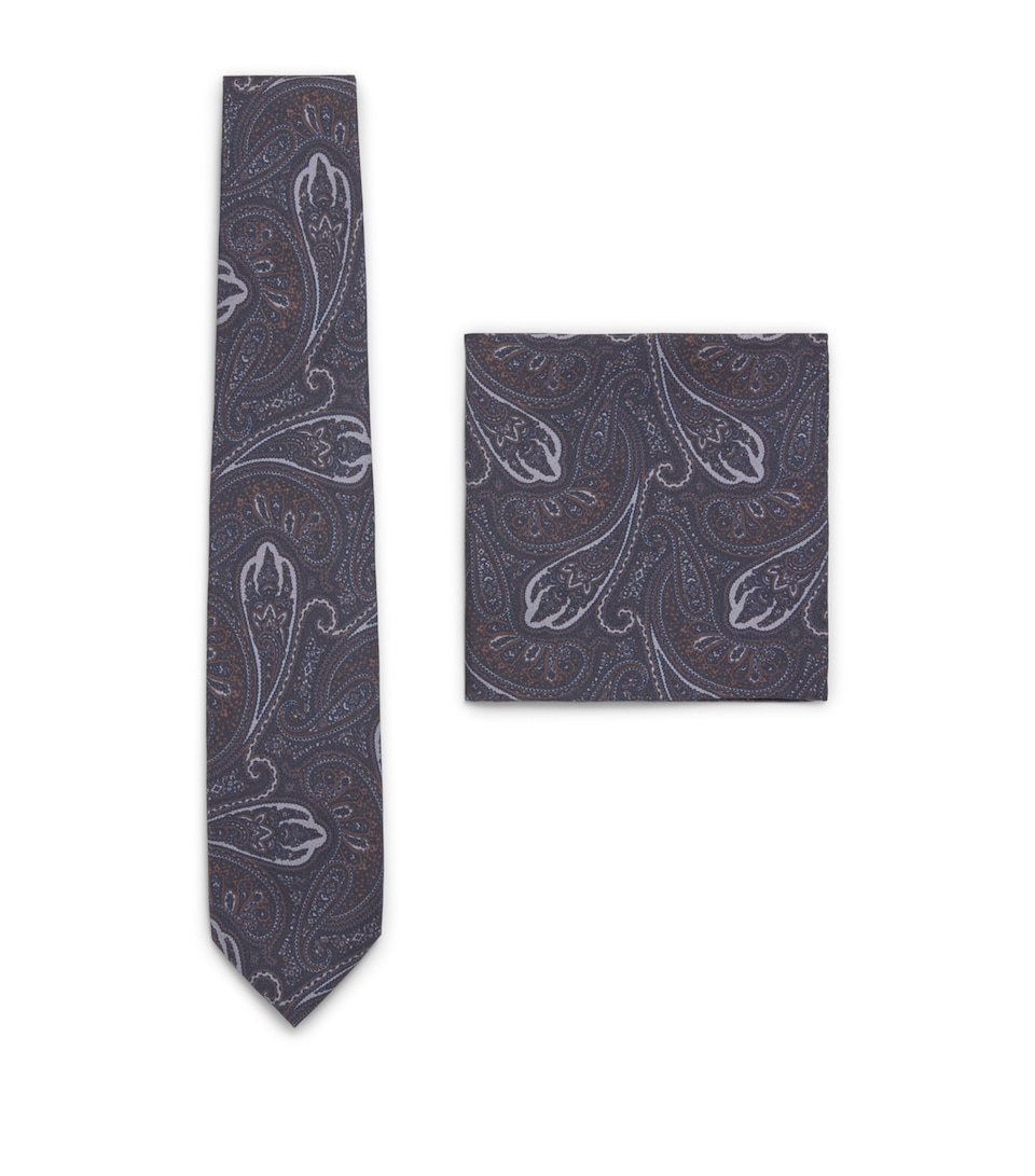 Corneliani Silk Necktie and Pocket Square Set Gry Melange Drk