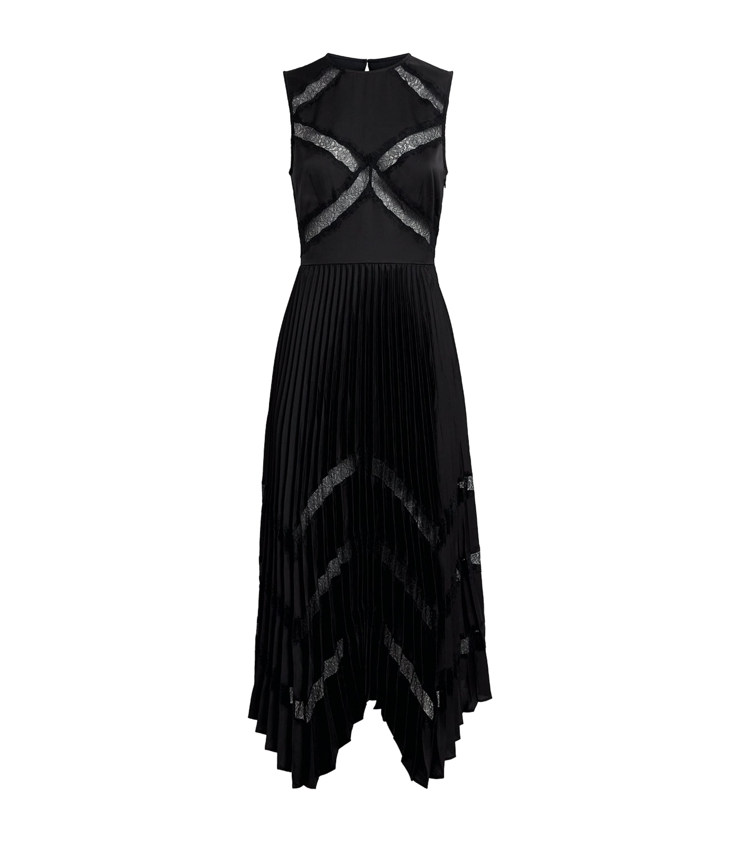 Satin-Lace Pleated Midi Dress