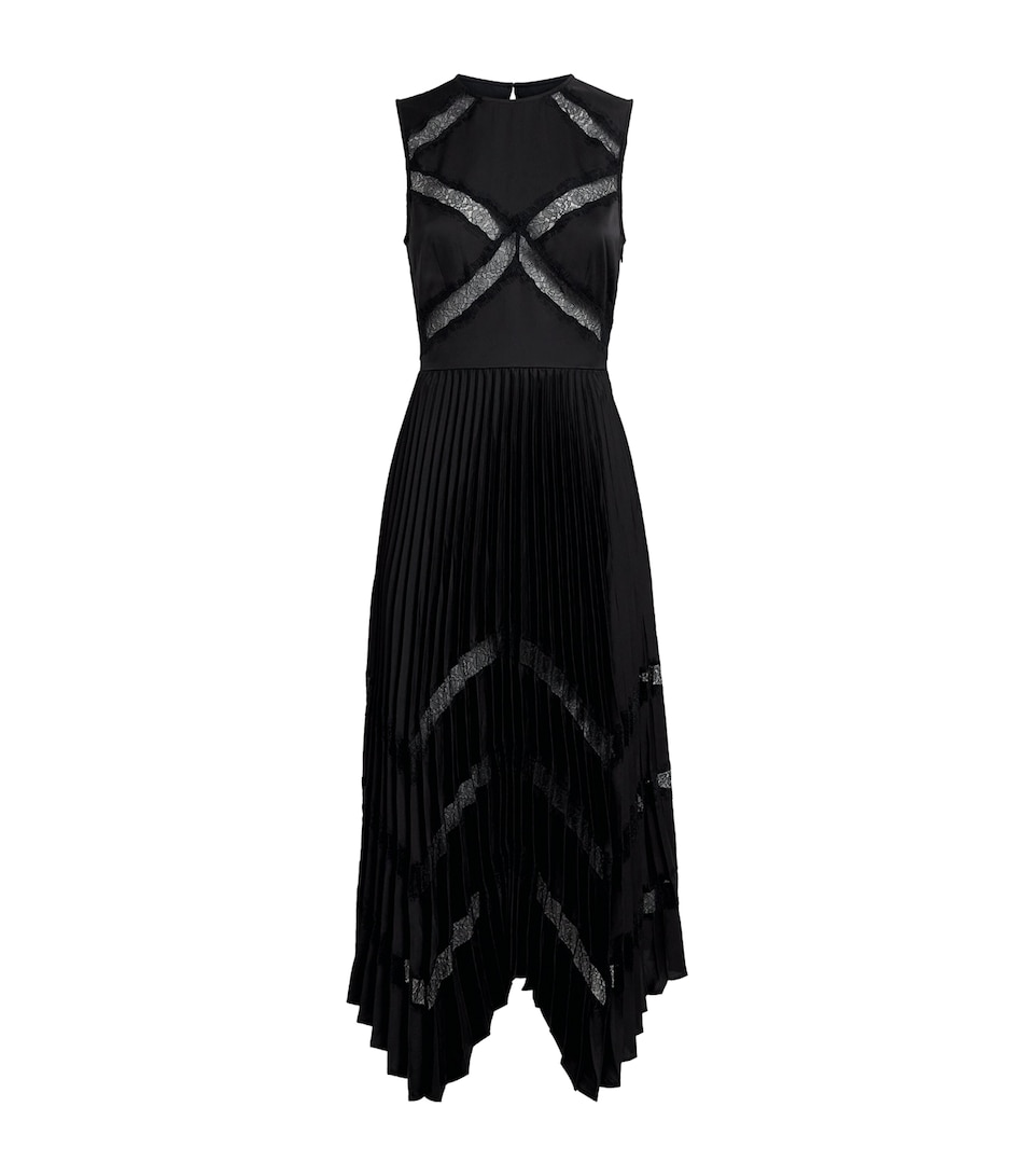 Satin-Lace Pleated Midi Dress