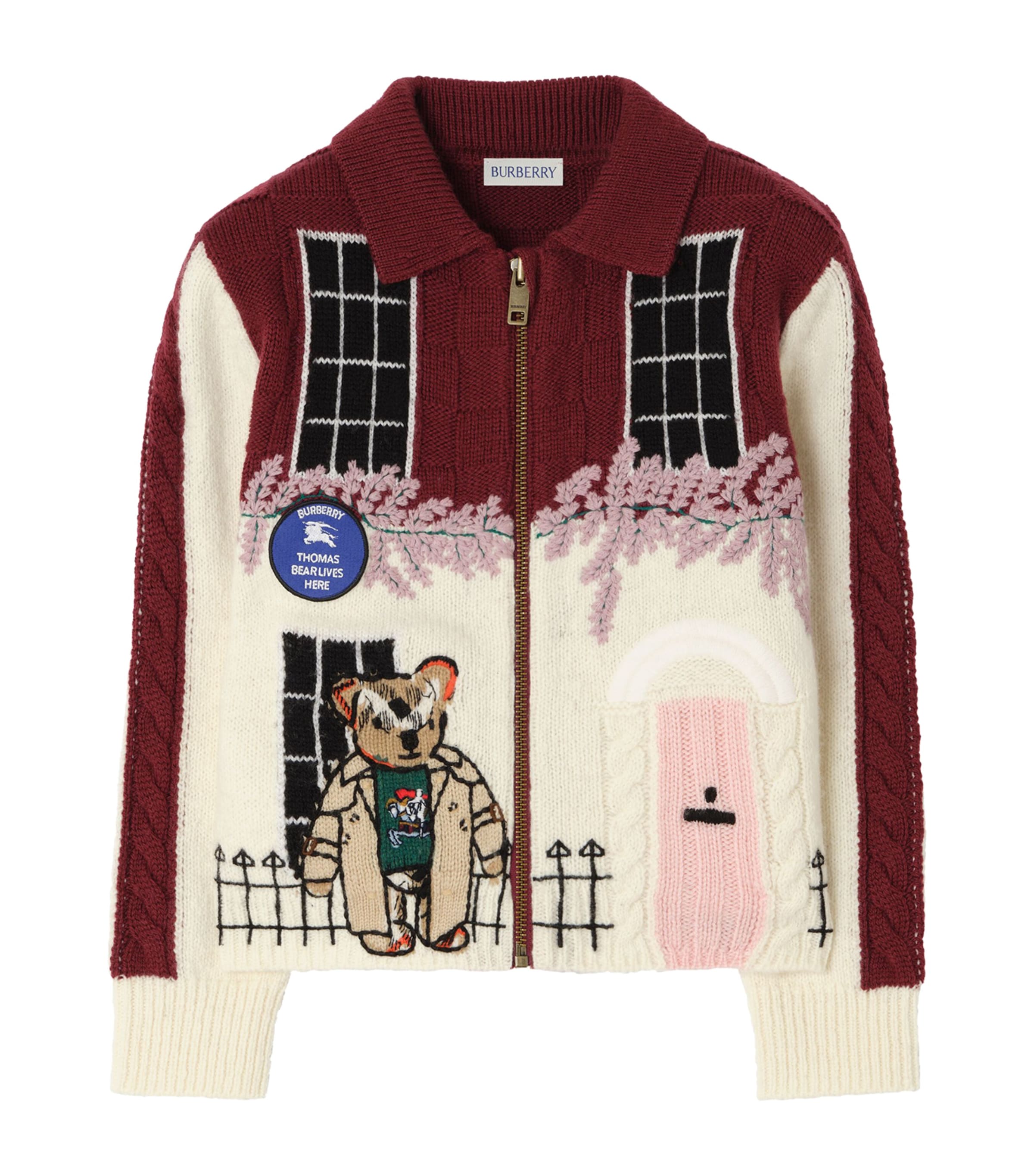 Burberry Kids Wool-Blend Intarsia Thomas Bear Zip-Up Cardigan (4-12 Years) Claret Red