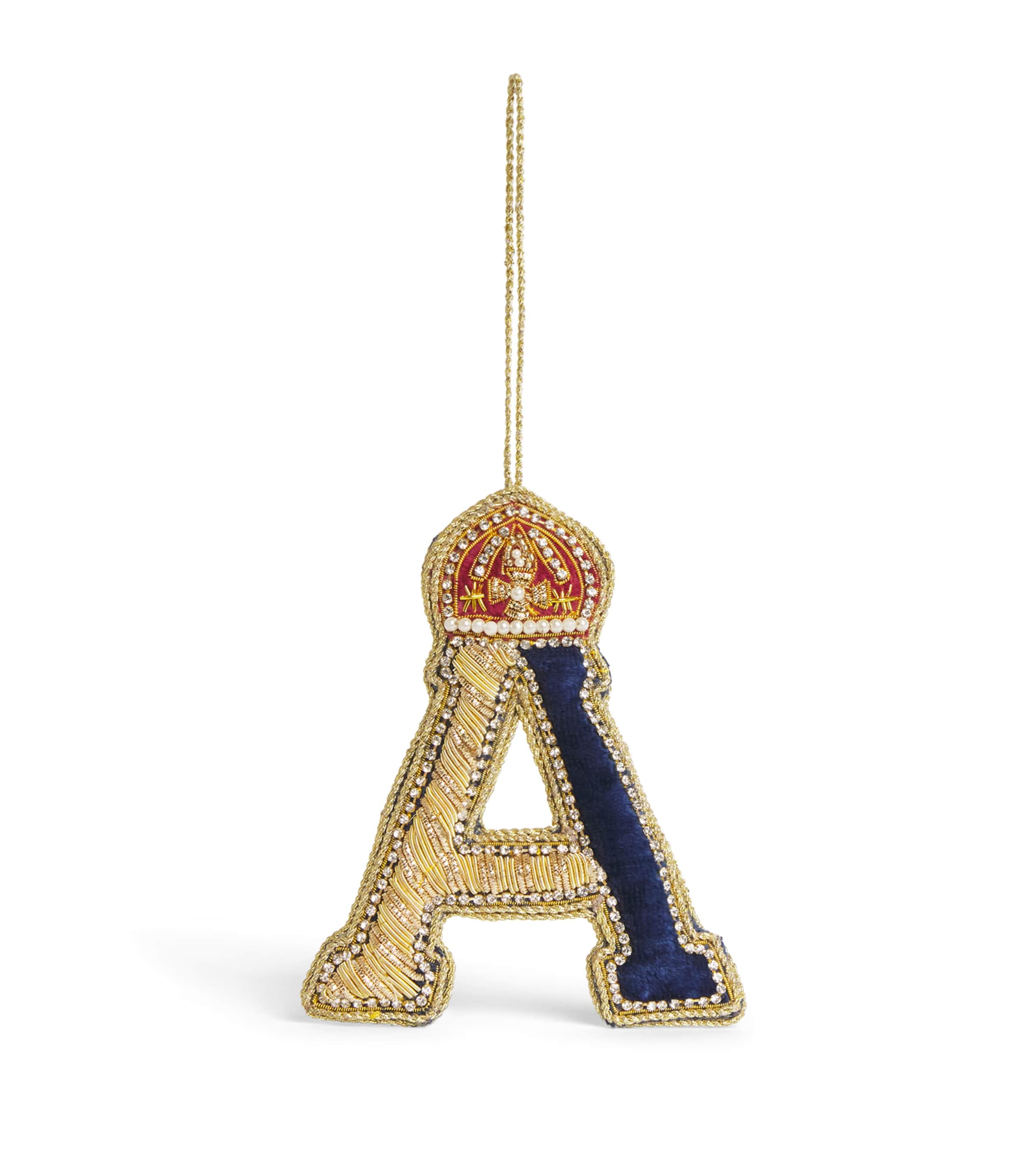 Tinker Tailor Velvet Embellished Letter 'A' Tree Decoration Navy, Gold & Wine