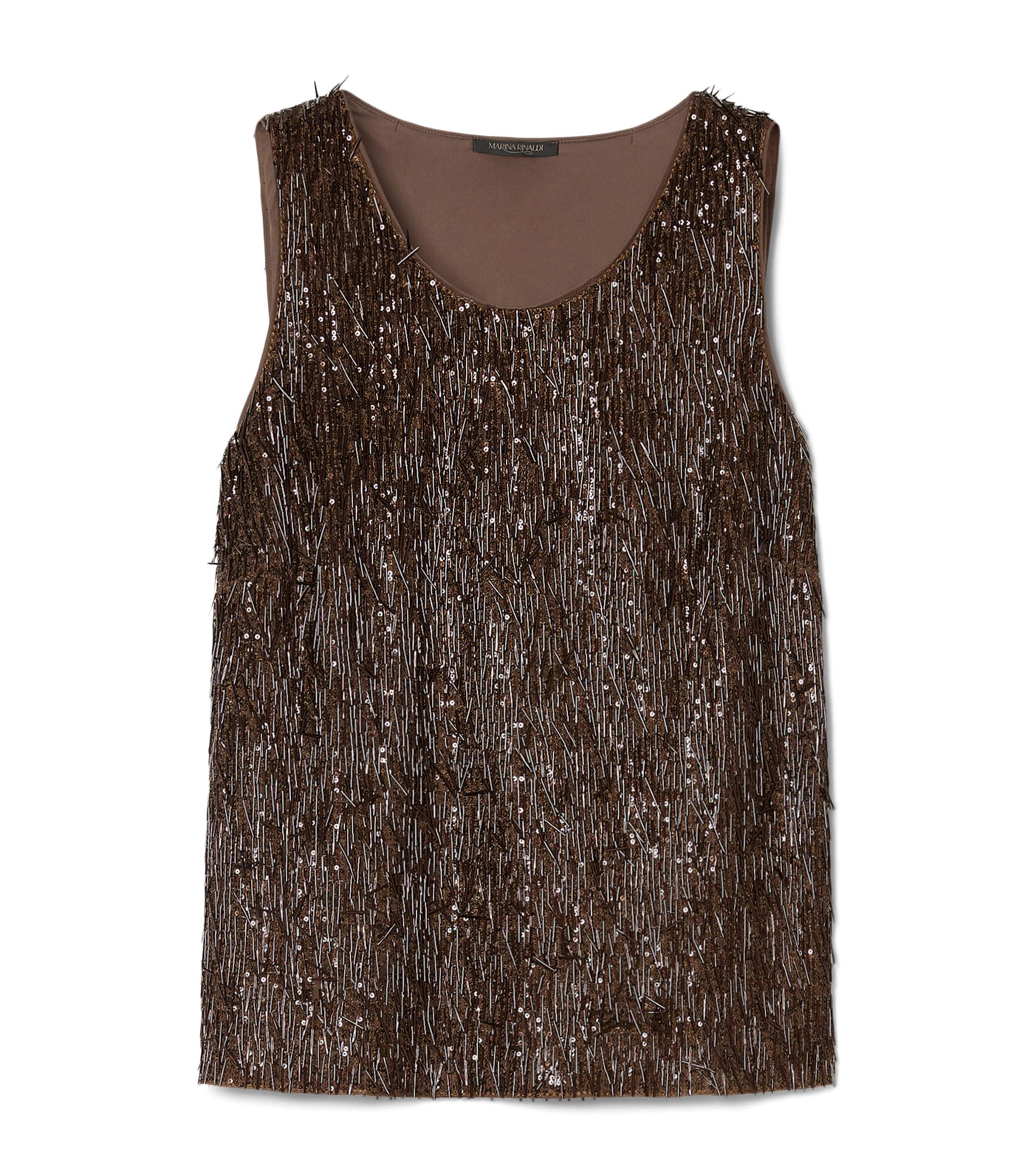 Marina Rinaldi Womens Embroidered Tulle Sleeveless Top Cocoa