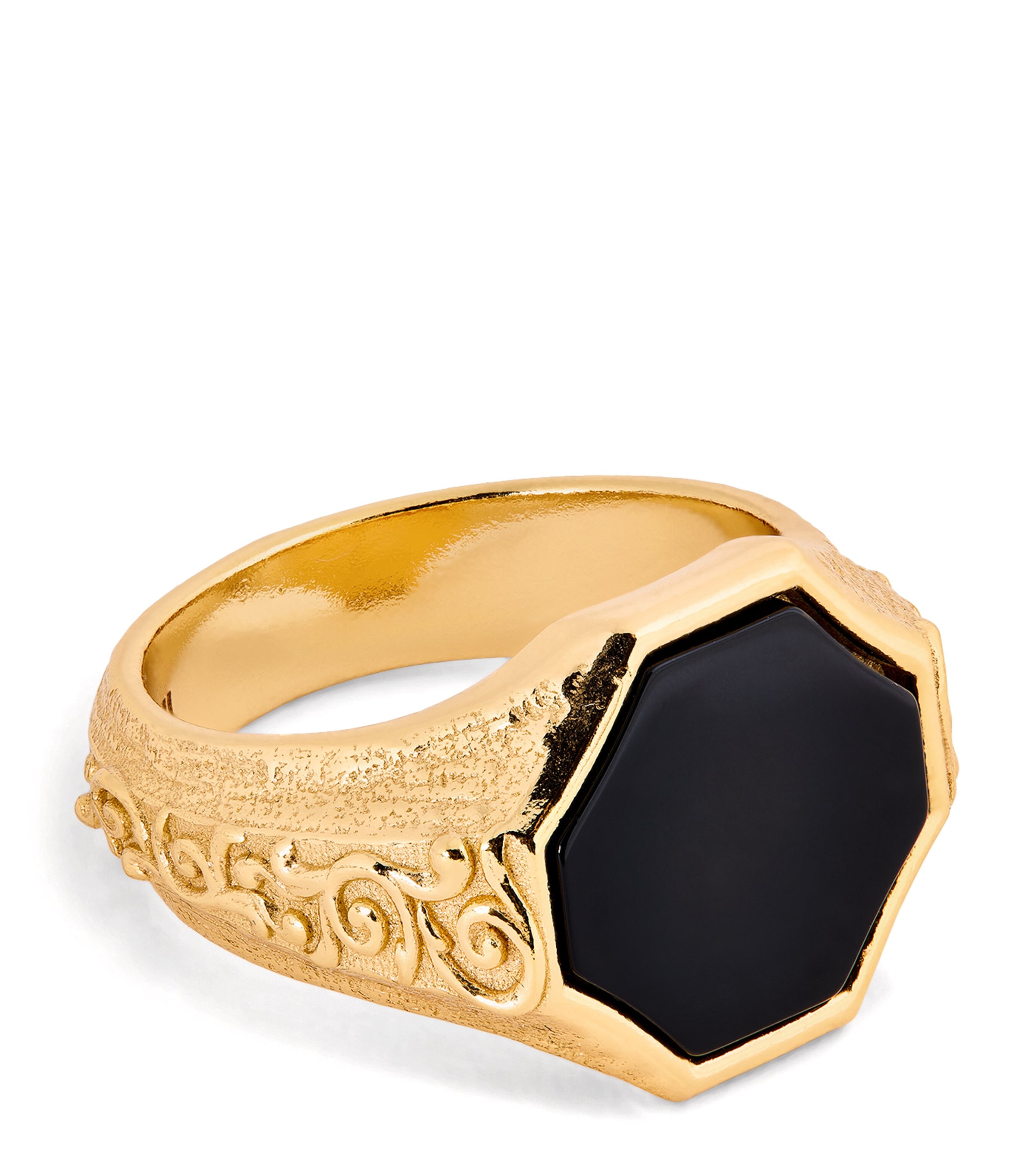 Emanuele Bicocchi Gold-Plated Sterling Silver and Onyx Flourish Signet Ring Gold