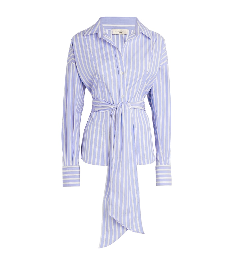 Weekend Max Mara Womens Cotton Tie-Waist Striped Shirt Light Blue