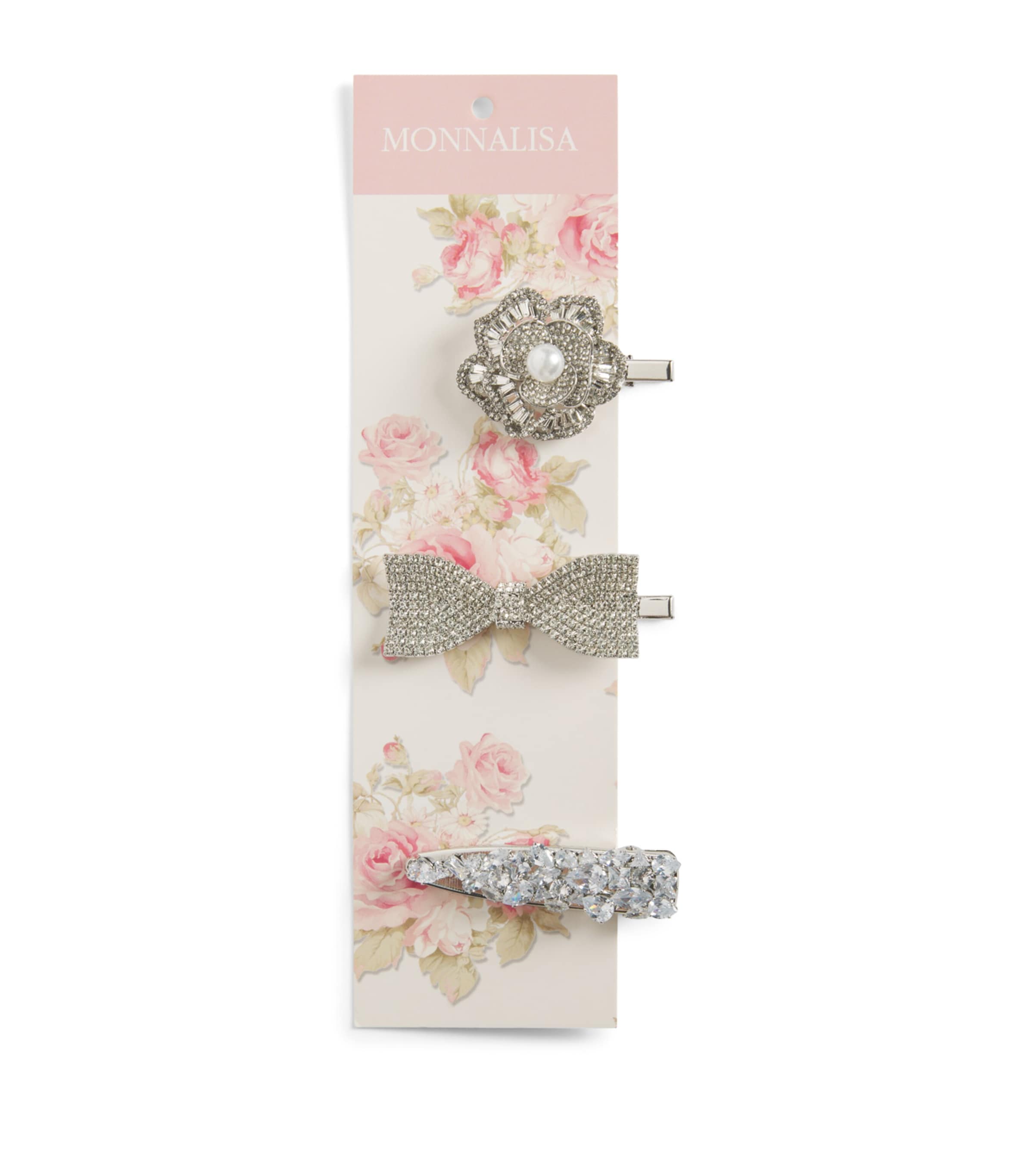 Monnalisa Crystal-Embellished Hair Clips (Set of 3) Bianco+argento