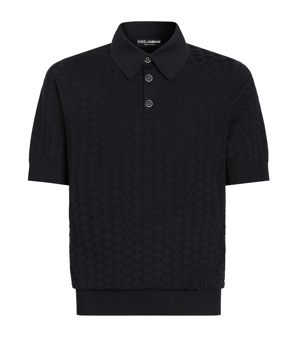 Dolce&Gabbana Mens Silk Jacquard Polo Shirt Very Dark Blue