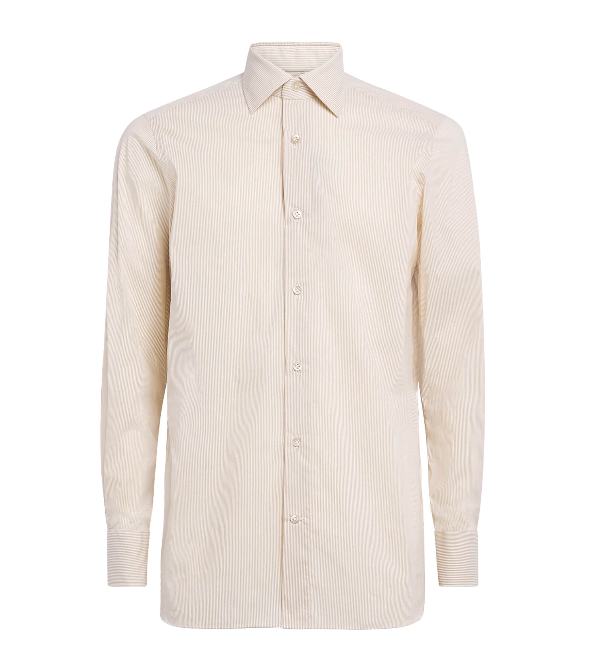 100HANDS Mens Cotton-Silk-Wool Stripe Shirt Camel Stripe