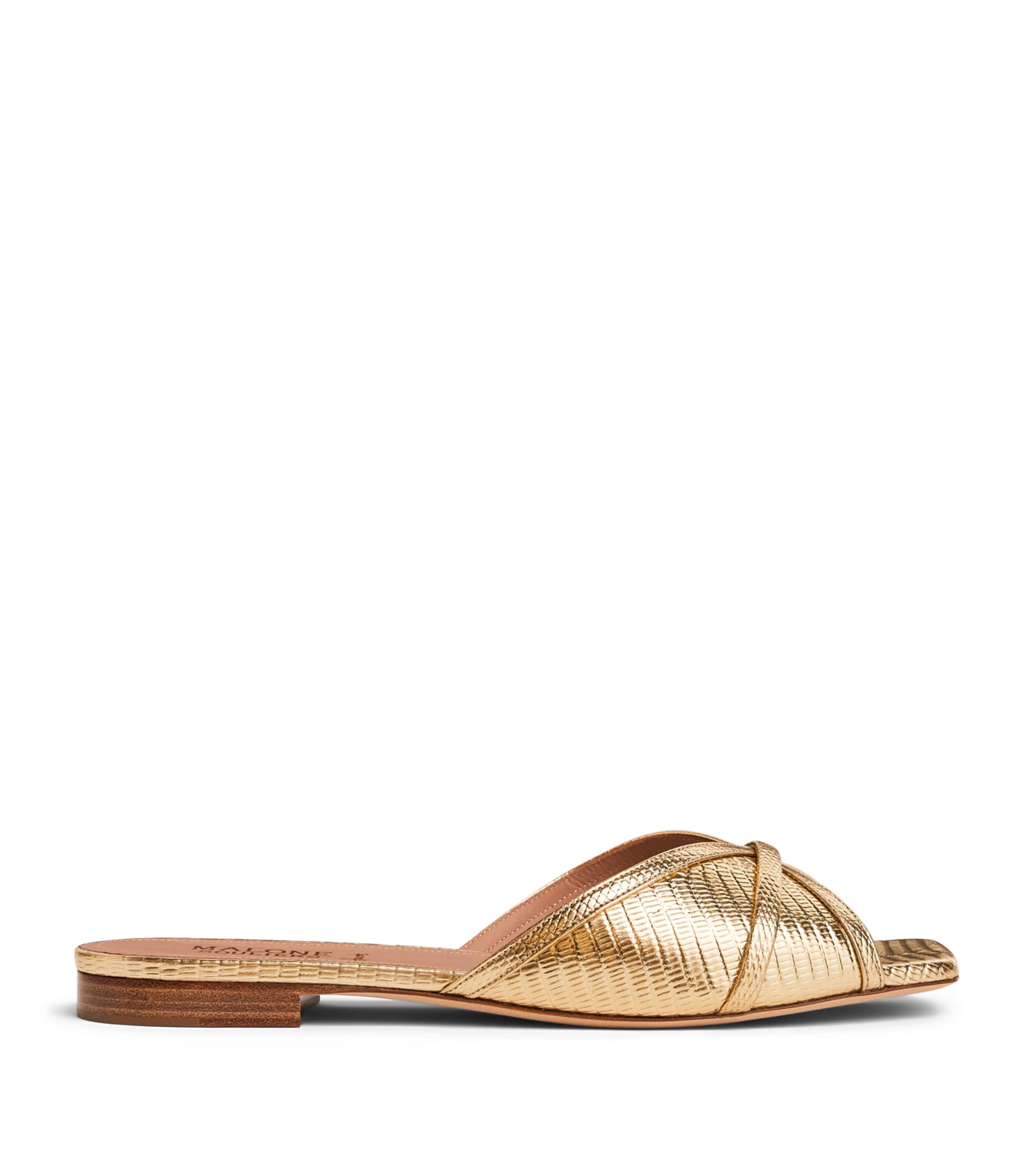 Malone Souliers x Harrods Exclusive Metallic Leather Embossed Perla Flat Sandals Antique Gold