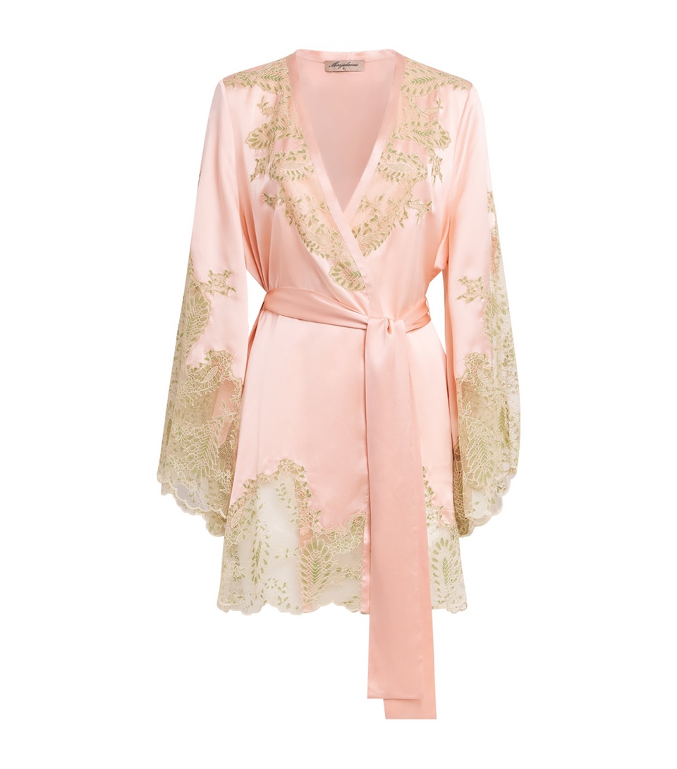 Marjolaine Womens Silk Lace-Trim Daniella Robe Poudre Kaki