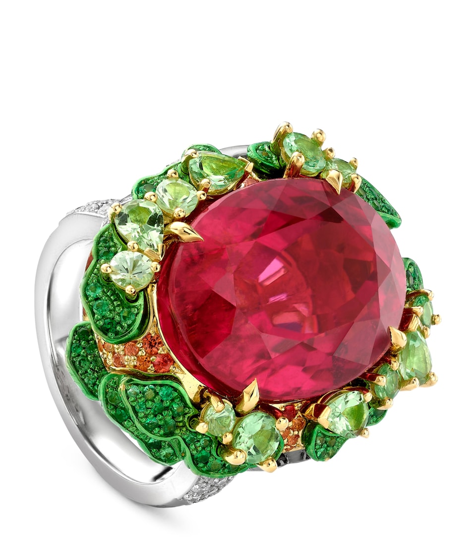 Yellow Gold, Diamond, Tourmaline, Sapphire and Tsavorite Sunset Inside Africa Ring