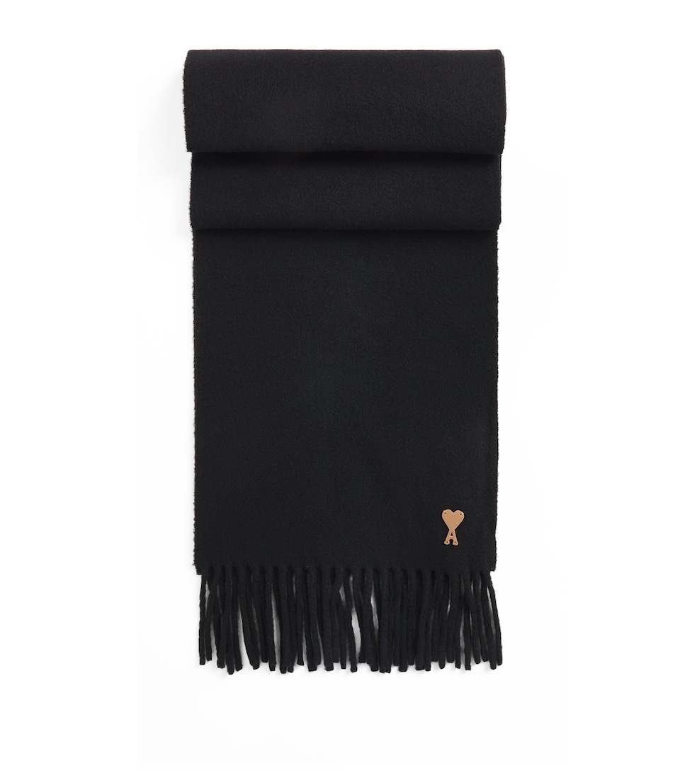 AMI Paris Wool Ami de Coeur Fringed Scarf Noir